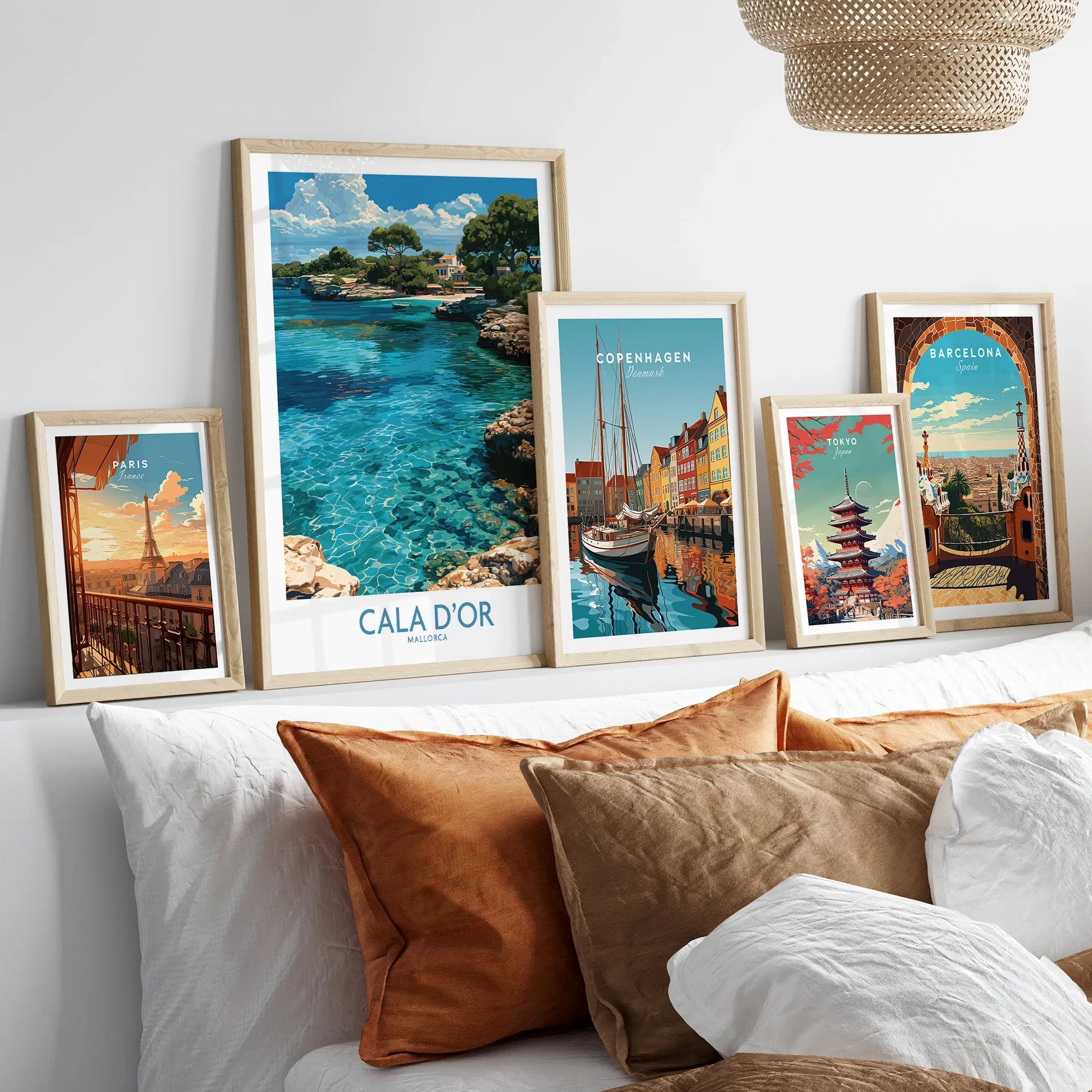 Cala d'Or Mallorca Cove Wall Art — set five framed artprints above bed natural wood frames