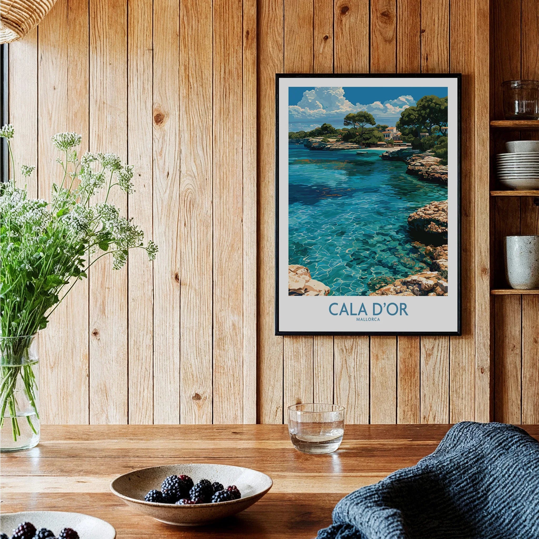 Cala d'Or Mallorca Cove Wall Art — black framed art print kitchen setting