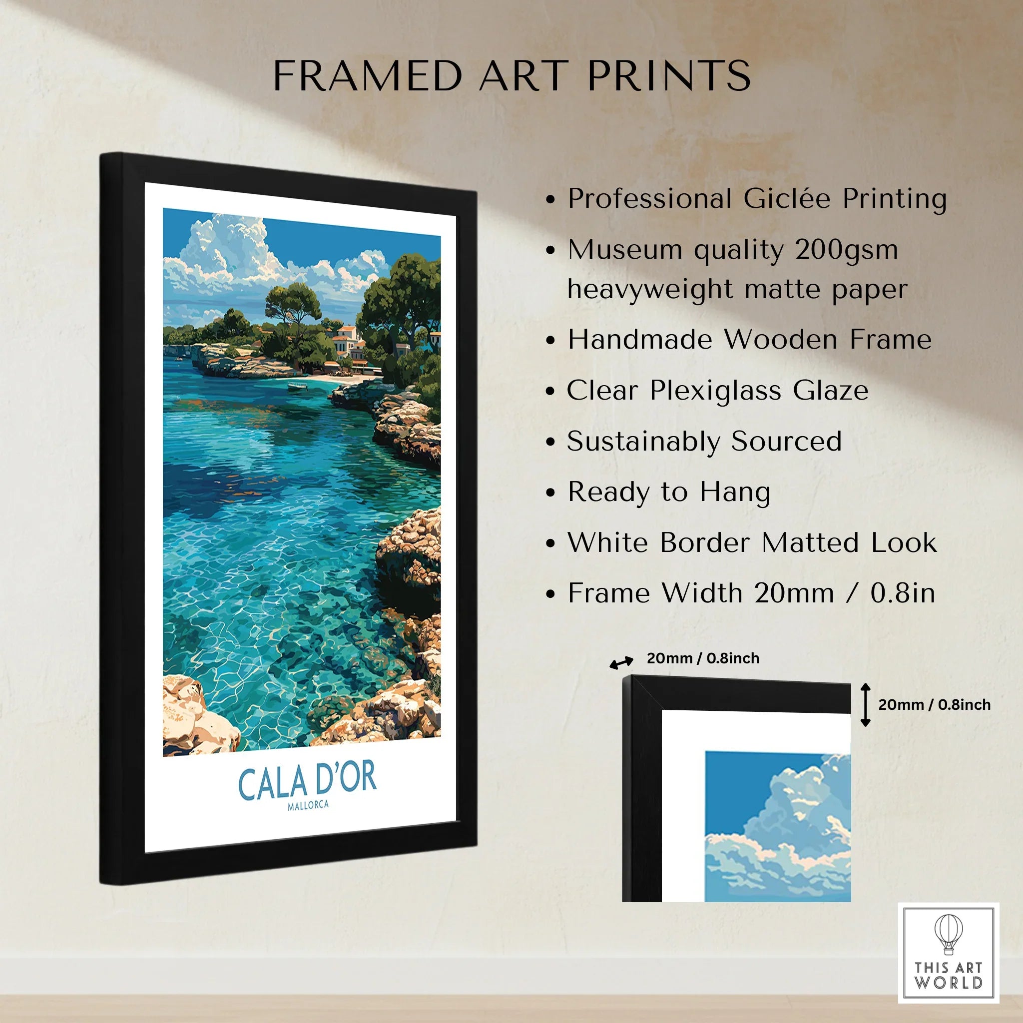 Cala d'Or Mallorca Cove Wall Art — framed print details measurements quality details