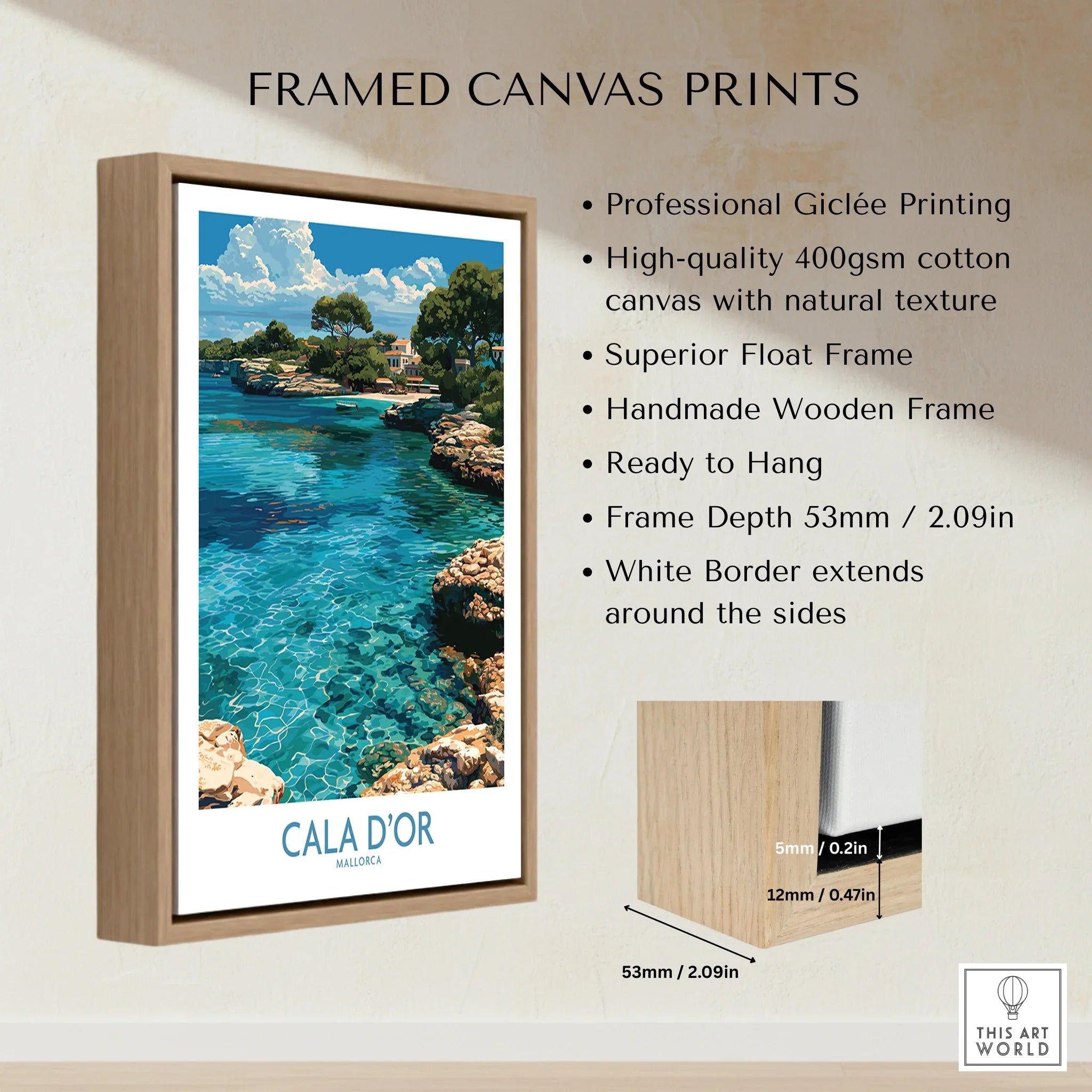 Cala d'Or Mallorca Cove Wall Art — framed canvas float frame details quality