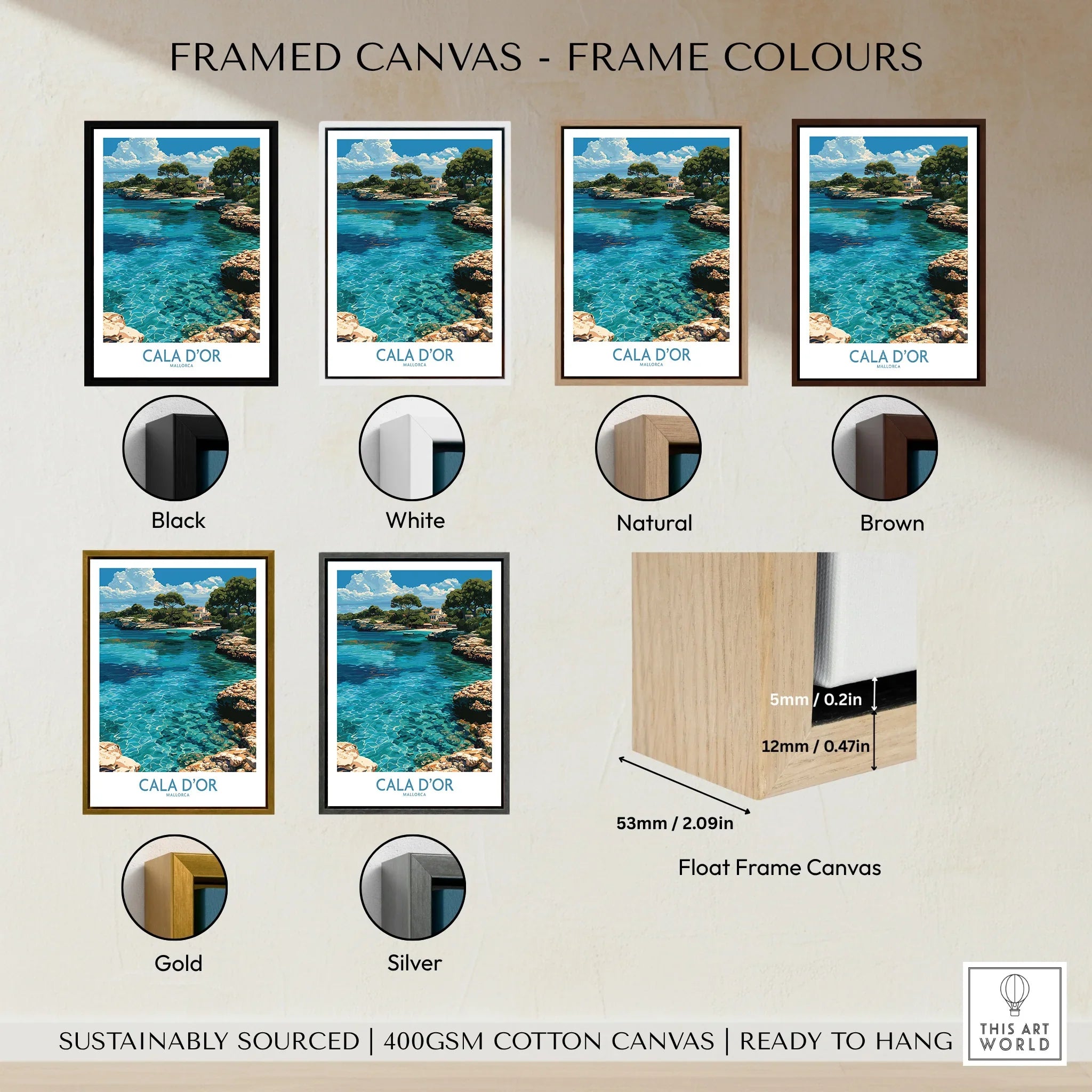 Cala d'Or Mallorca Cove Wall Art — framed canvas float frame colour options