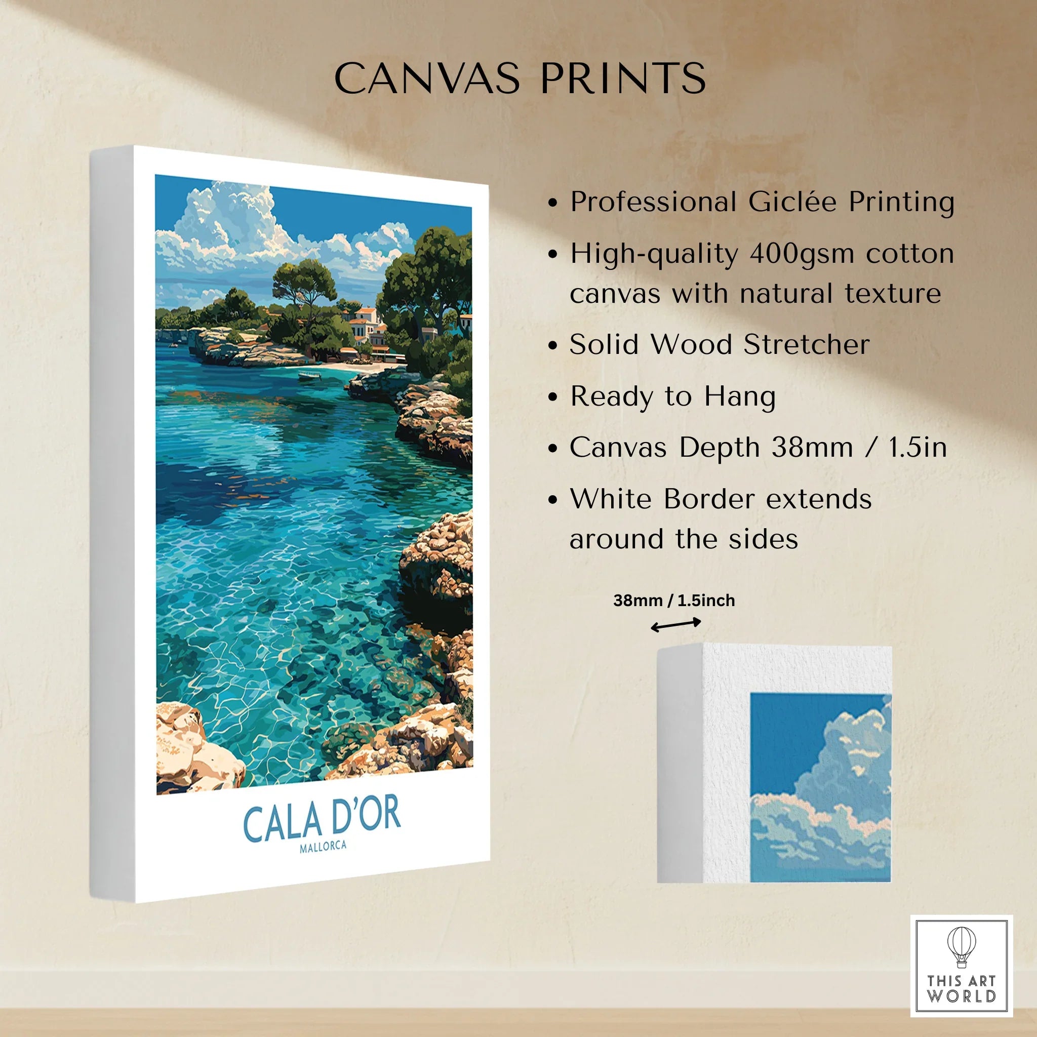 Cala d'Or Mallorca Cove Wall Art — canvas print stretched cotton canvas details