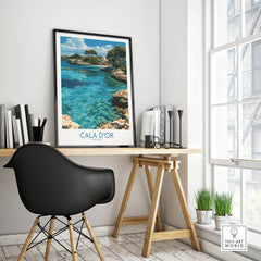 Cala d'Or Mallorca Cove Wall Art — framed poster black frame on office desk modern