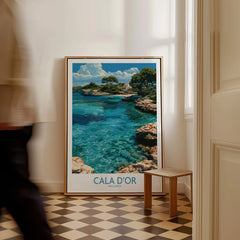 Cala d'Or Mallorca Cove Wall Art — framed canvas on floor man walking past