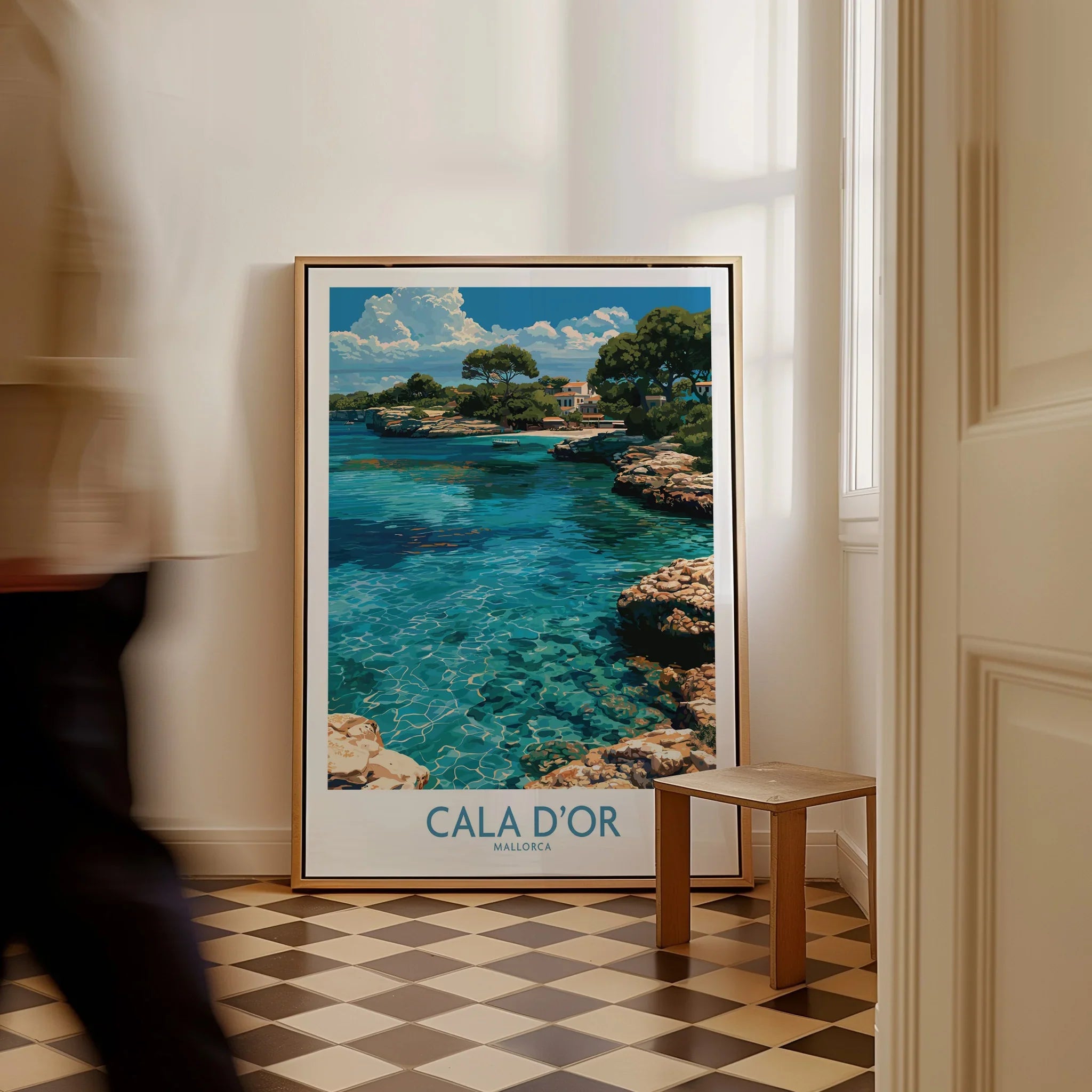 Cala d'Or Mallorca Cove Wall Art — framed canvas on floor man walking past
