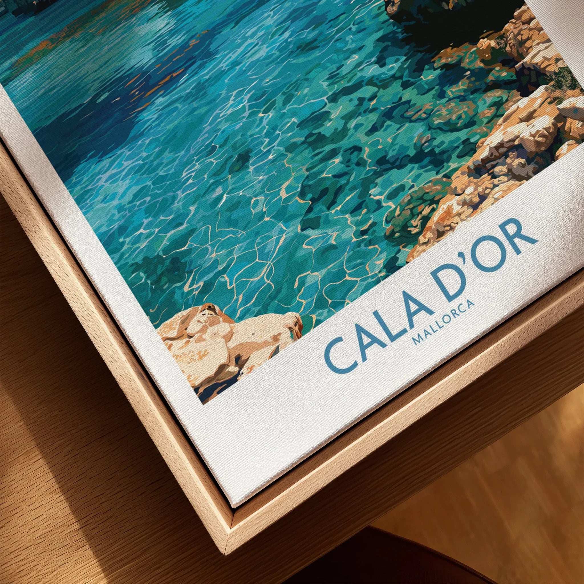 Cala d'Or Mallorca Cove Wall Art — closeup framed canvas natural wood floating frame