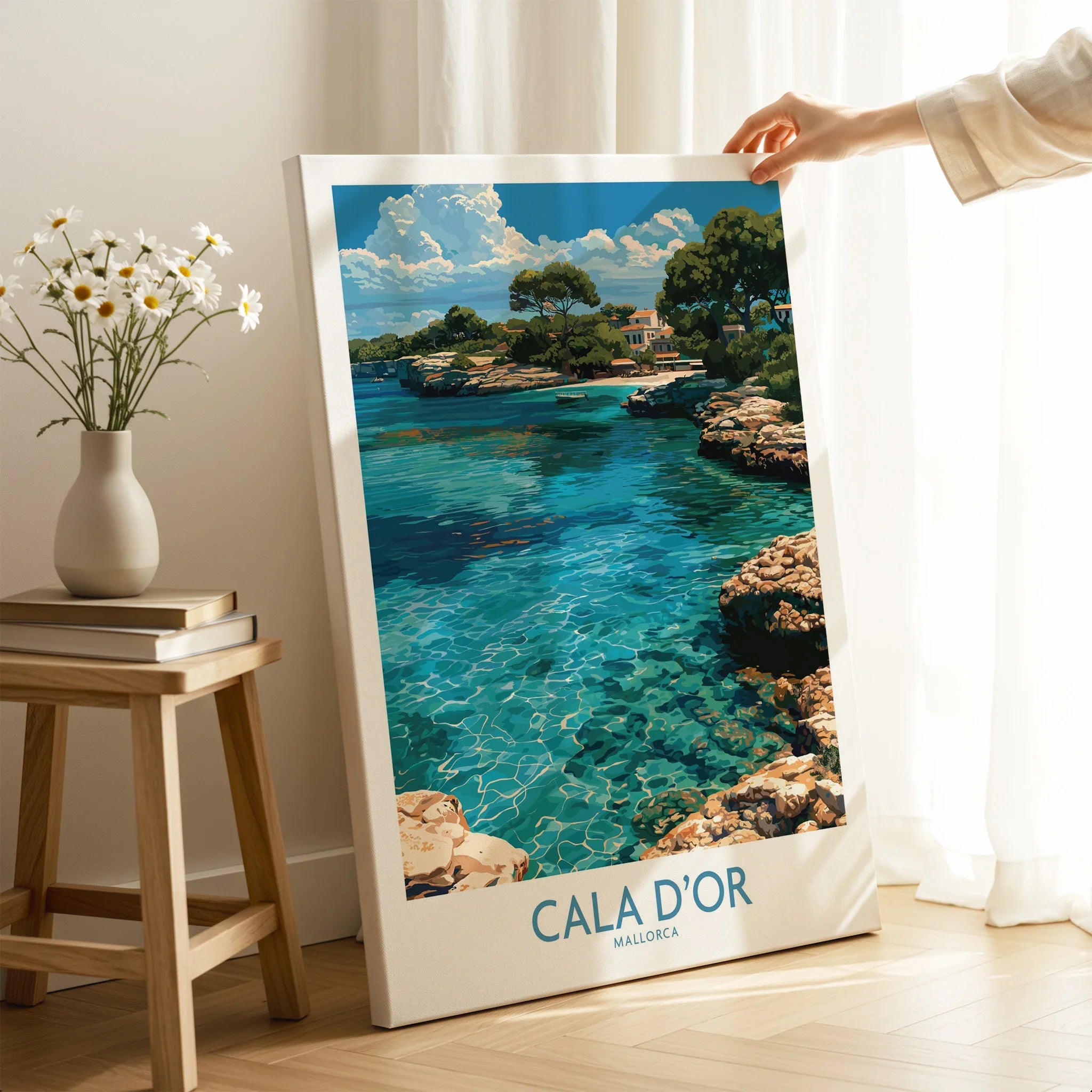 Cala d'Or Mallorca Cove Wall Art — canvas print mirror edge hand holding room setting