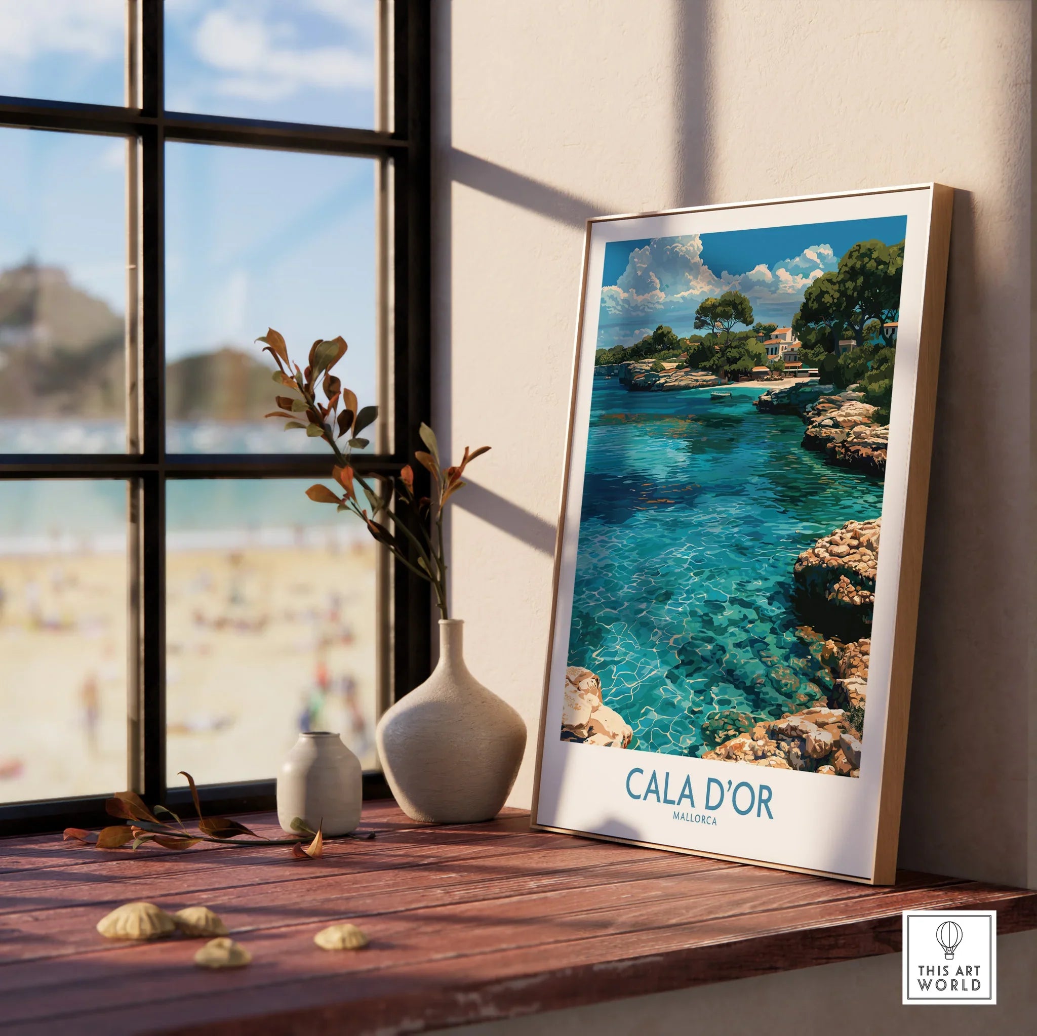 Cala d'Or Mallorca Cove Wall Art — framed print window view natural wood frame