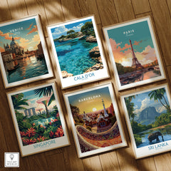 Cala d'Or Mallorca Cove Wall Art — set six framed art prints wooden floor natural wood frames