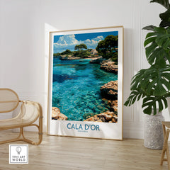 Cala d'Or Mallorca Cove Wall Art — large framed print room setting chair plant
