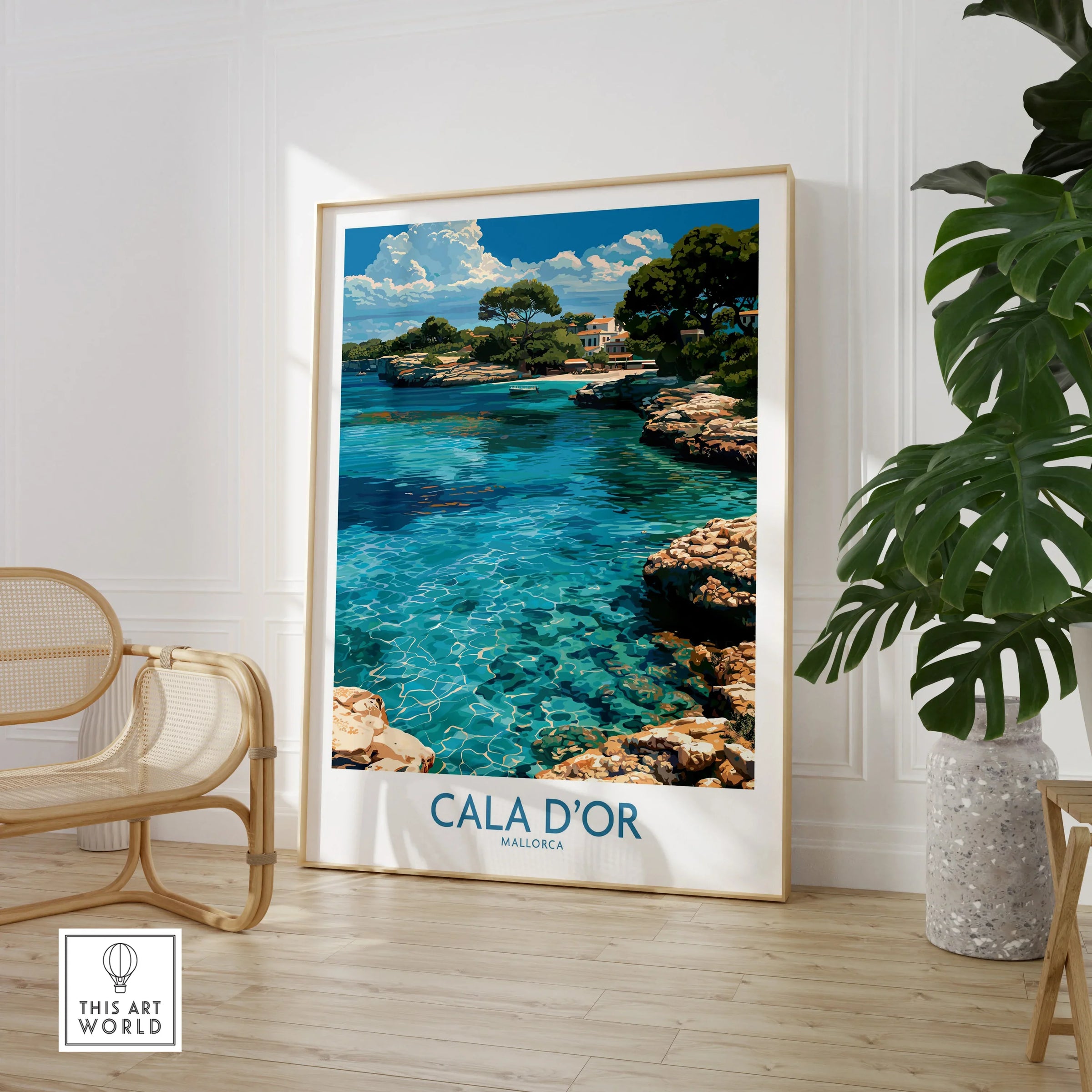 Cala d'Or Mallorca Cove Wall Art — large framed print room setting chair plant