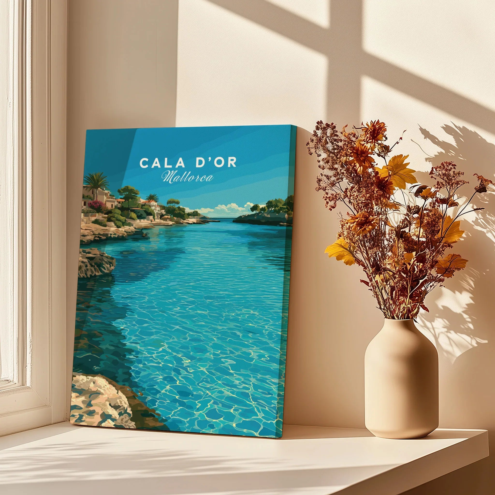 Cala d'Or Mallorca Bay Travel Poster — canvas print window setting with shadows flowers