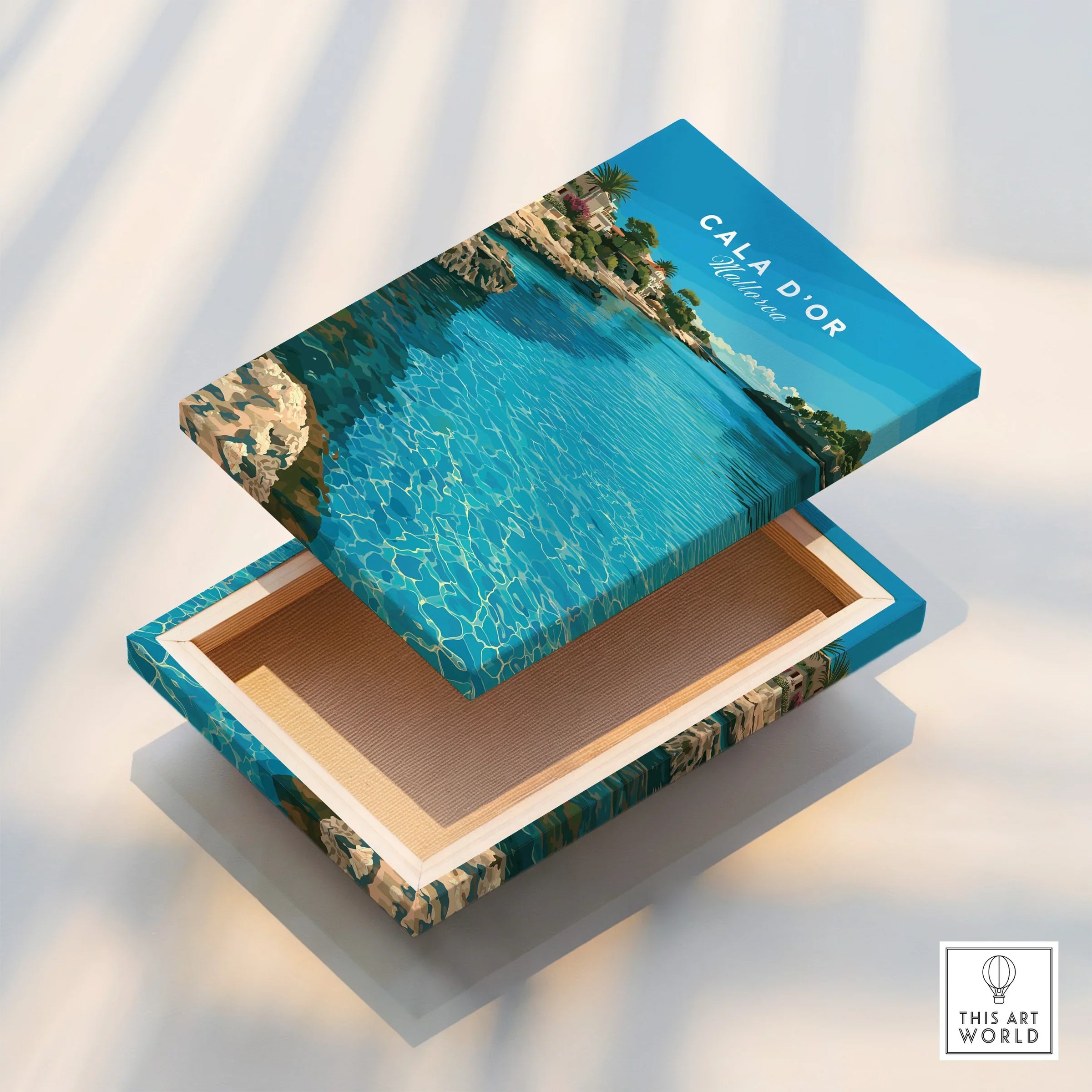 Cala d'Or Mallorca Bay Travel Poster — stretched canvas print floating detail mirror edge