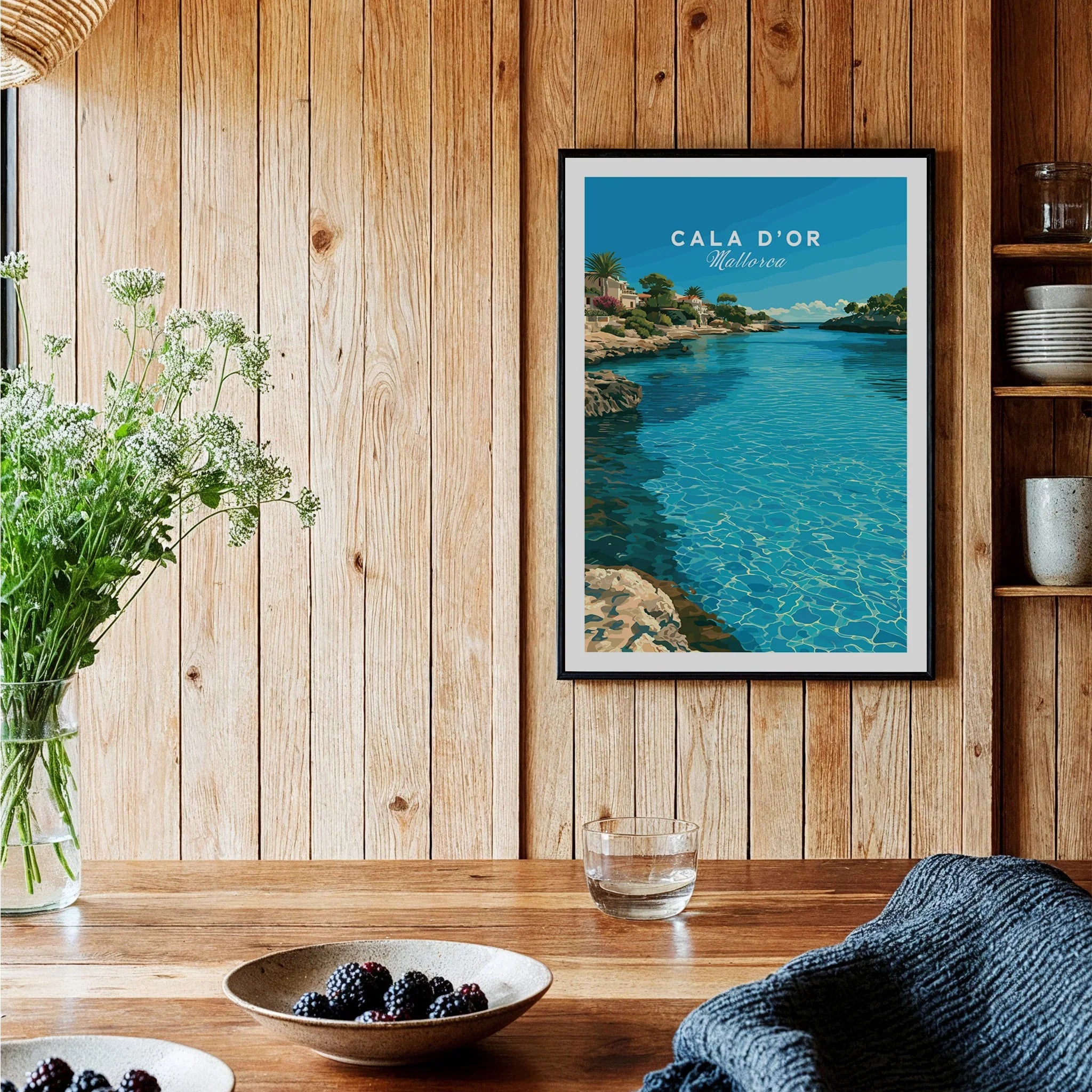 Cala d'Or Mallorca Bay Travel Poster — black framed art print kitchen setting