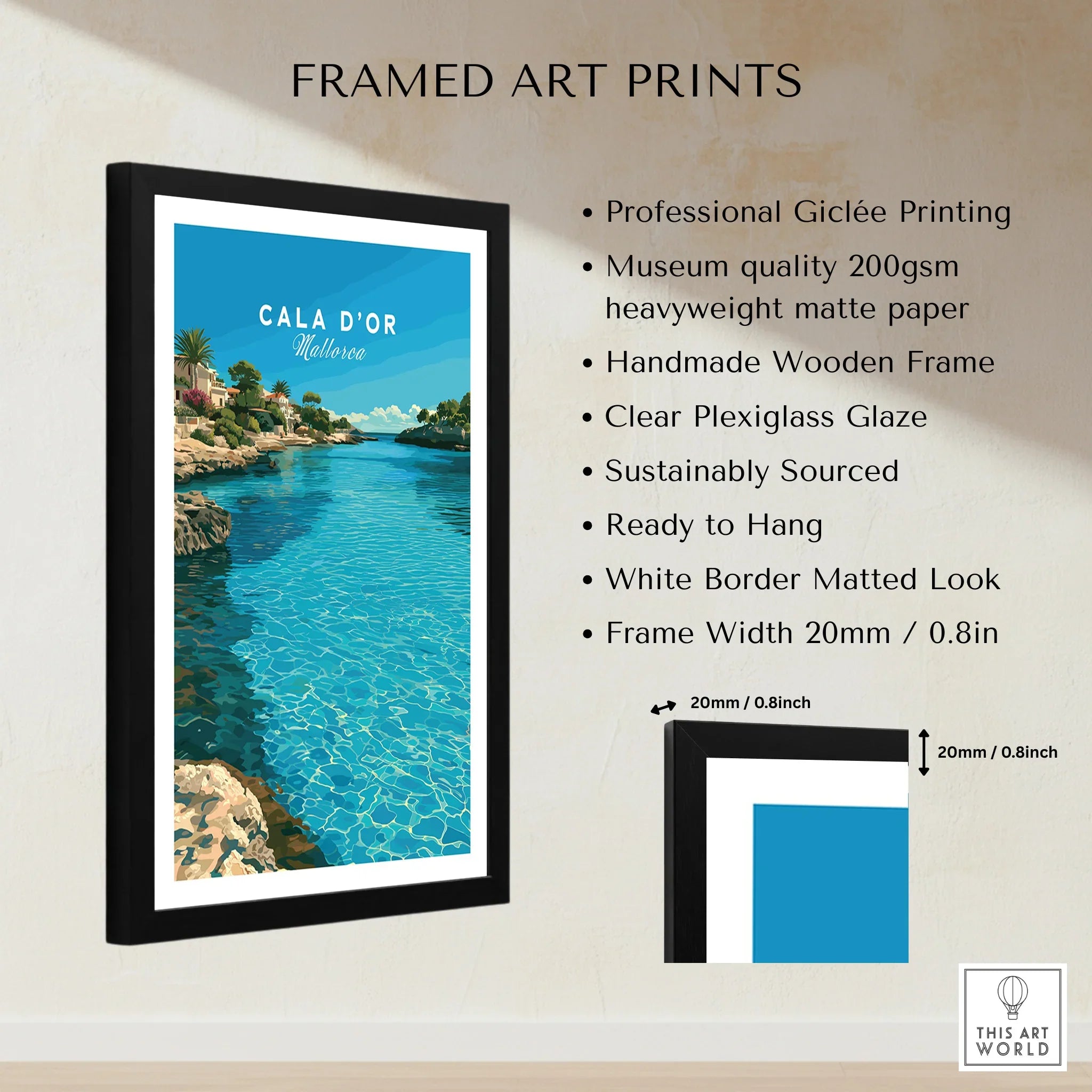Cala d'Or Mallorca Bay Travel Poster — framed print details measurements quality details