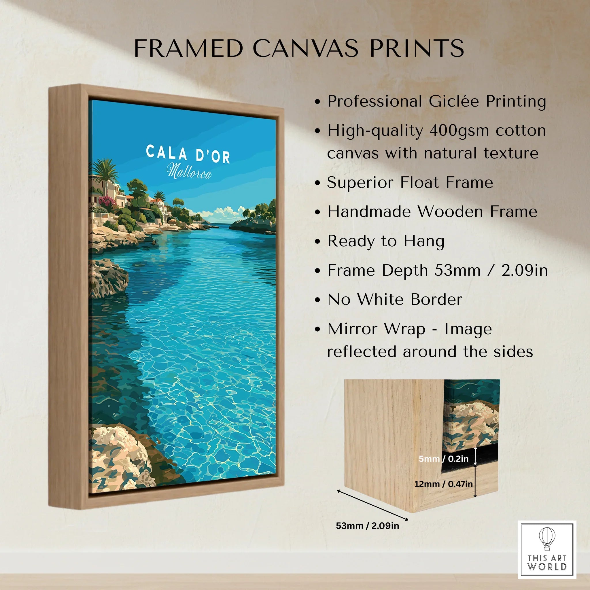 Cala d'Or Mallorca Bay Travel Poster — framed canvas float frame details quality