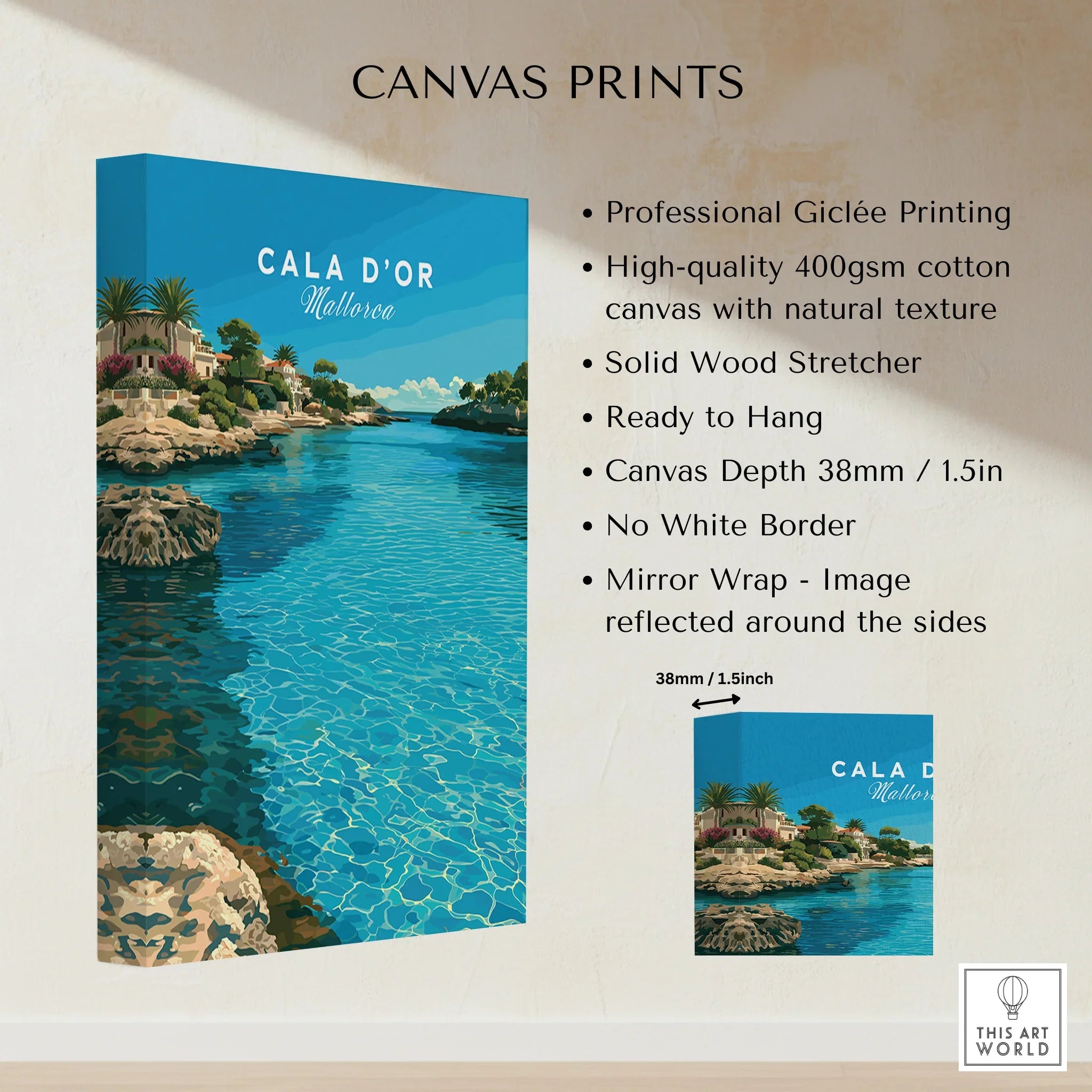 Cala d'Or Mallorca Bay Travel Poster — canvas print stretched cotton canvas details