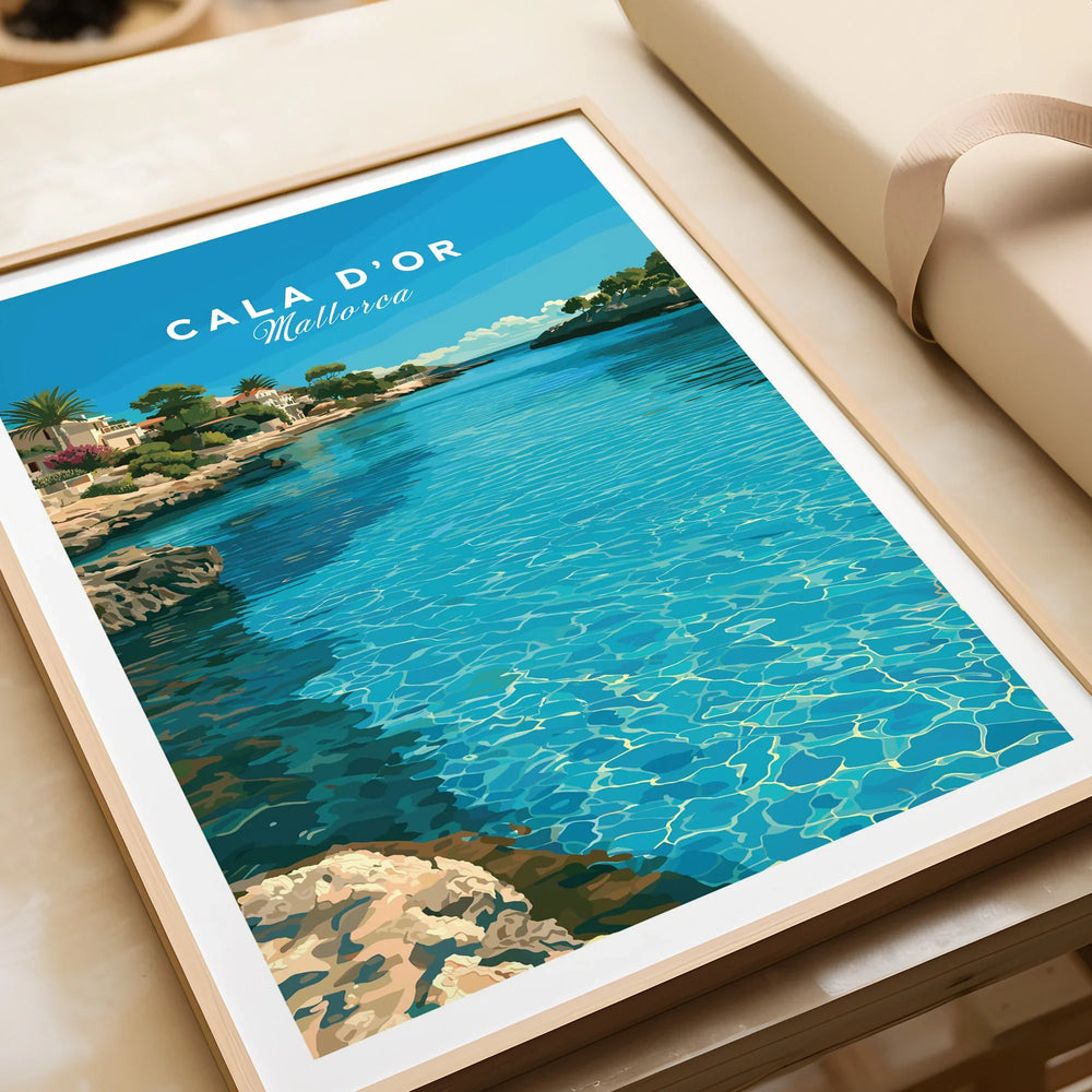 Cala d'Or Mallorca Bay Travel Poster — framed art print closeup gift unwrapped natural frame