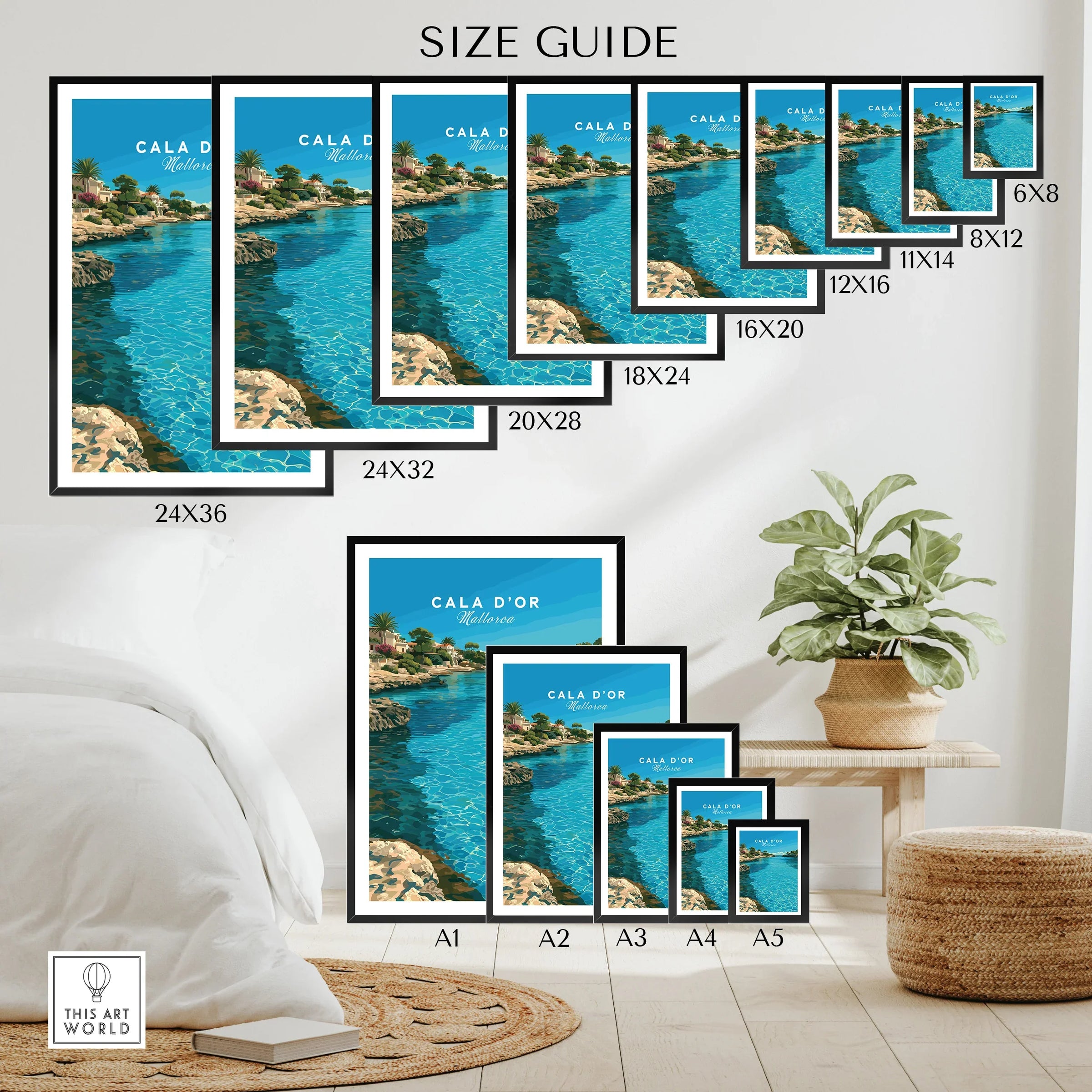 Cala d'Or Mallorca Bay Travel Poster — wall art poster size guide thisartworld