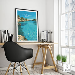 Cala d'Or Mallorca Bay Travel Poster — framed poster black frame on office desk modern