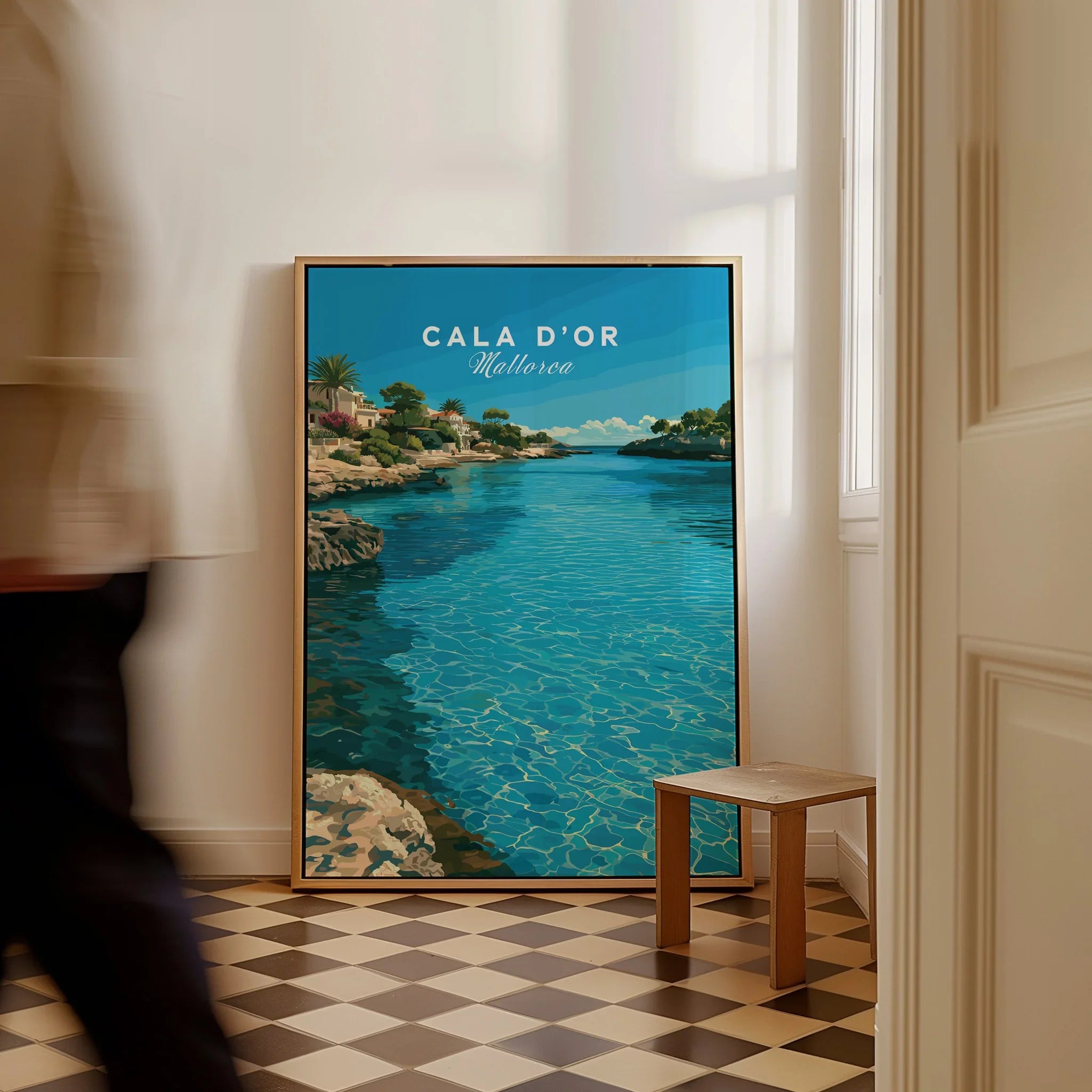 Cala d'Or Mallorca Bay Travel Poster — framed canvas on floor man walking past