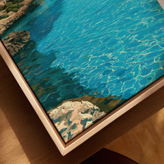 Cala d'Or Mallorca Bay Travel Poster — closeup framed canvas natural wood floating frame