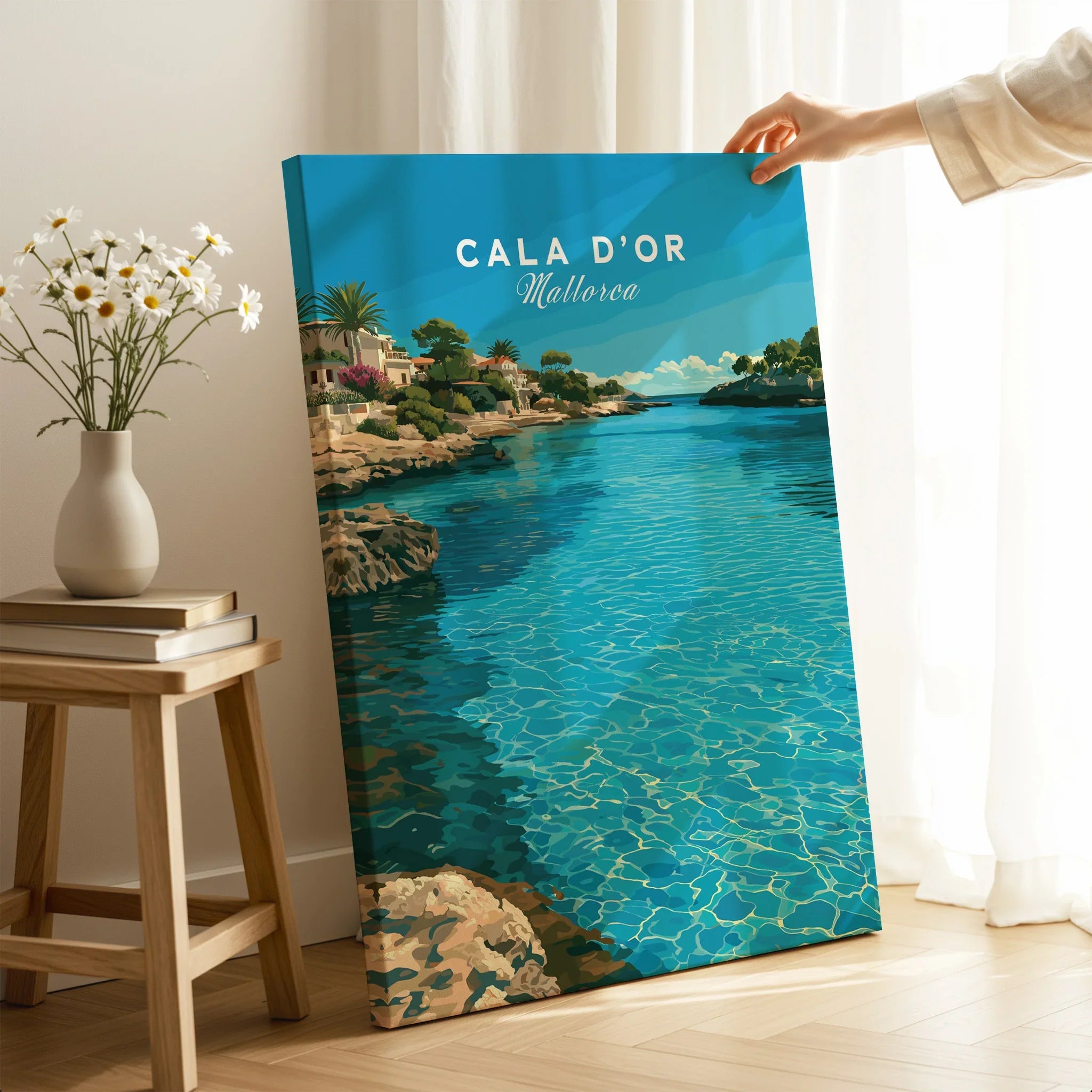 Cala d'Or Mallorca Bay Travel Poster — canvas print mirror edge hand holding room setting
