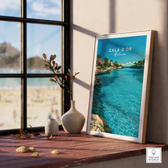 Cala d'Or Mallorca Bay Travel Poster — framed print window view natural wood frame