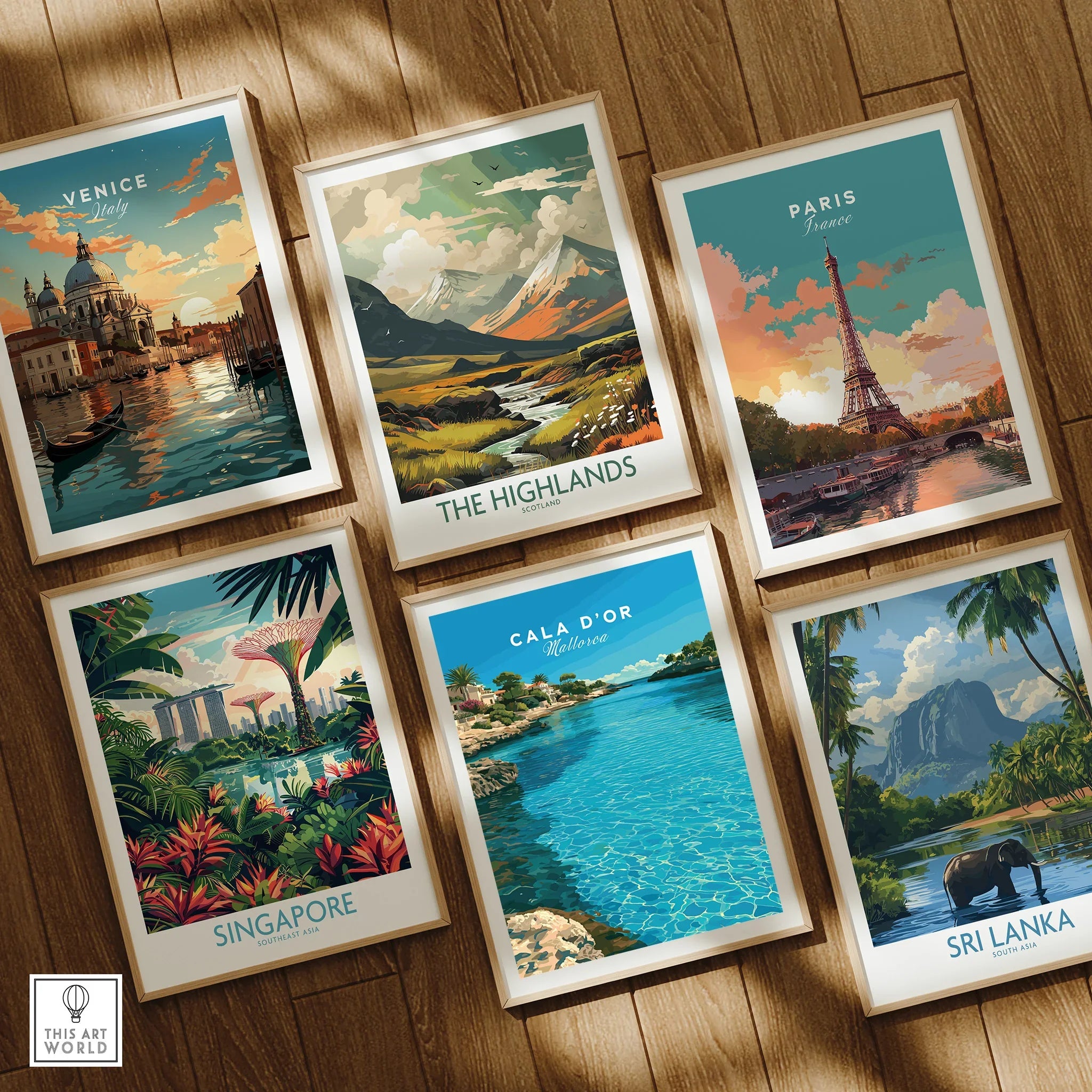 Cala d'Or Mallorca Bay Travel Poster — set six framed art prints wooden floor natural wood frames