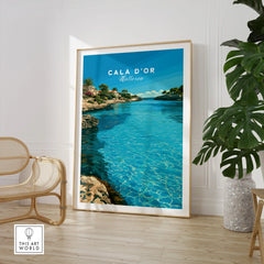 Cala d'Or Mallorca Bay Travel Poster — large framed print room setting chair plant