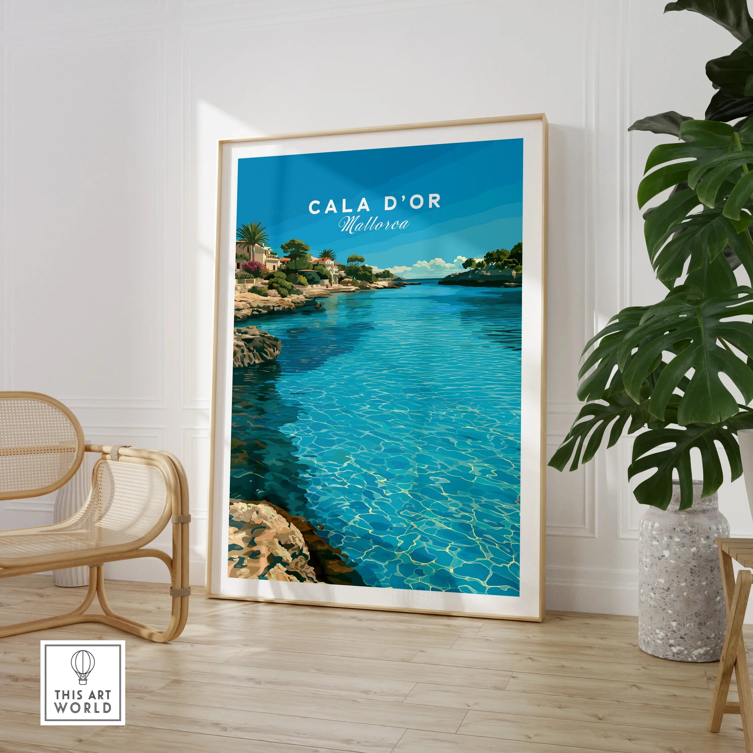 Cala d'Or Mallorca Bay Travel Poster — large framed print room setting chair plant