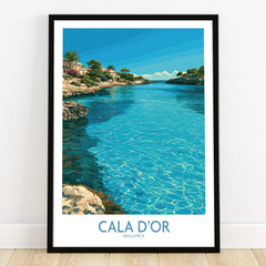 Cala d'Or Mallorca Bay Wall Art — art print in black frame on wooden floor
