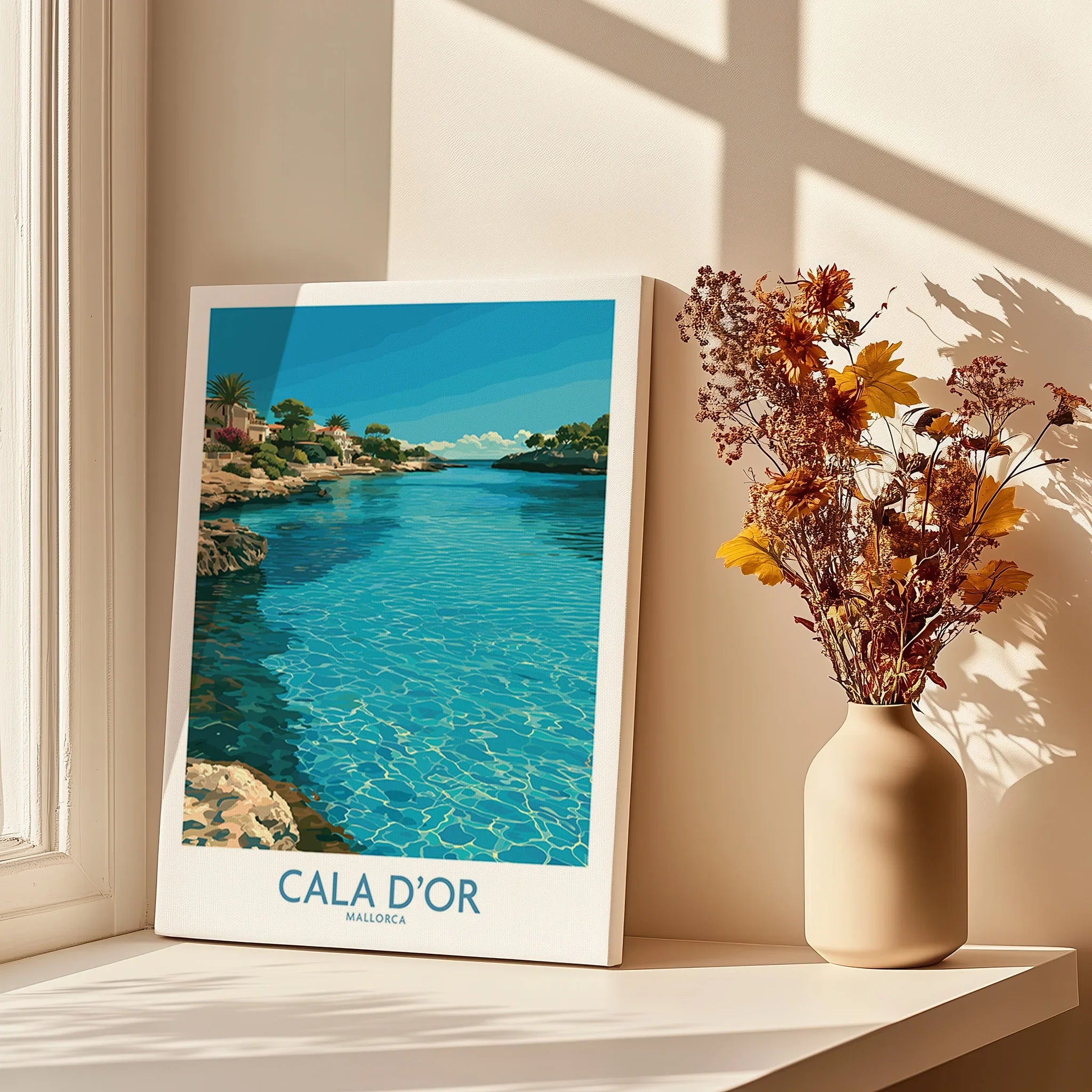 Cala d'Or Mallorca Bay Wall Art — canvas print window setting with shadows flowers