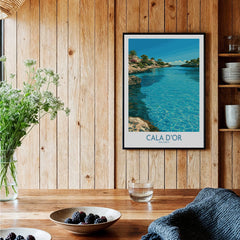 Cala d'Or Mallorca Bay Wall Art — black framed art print kitchen setting
