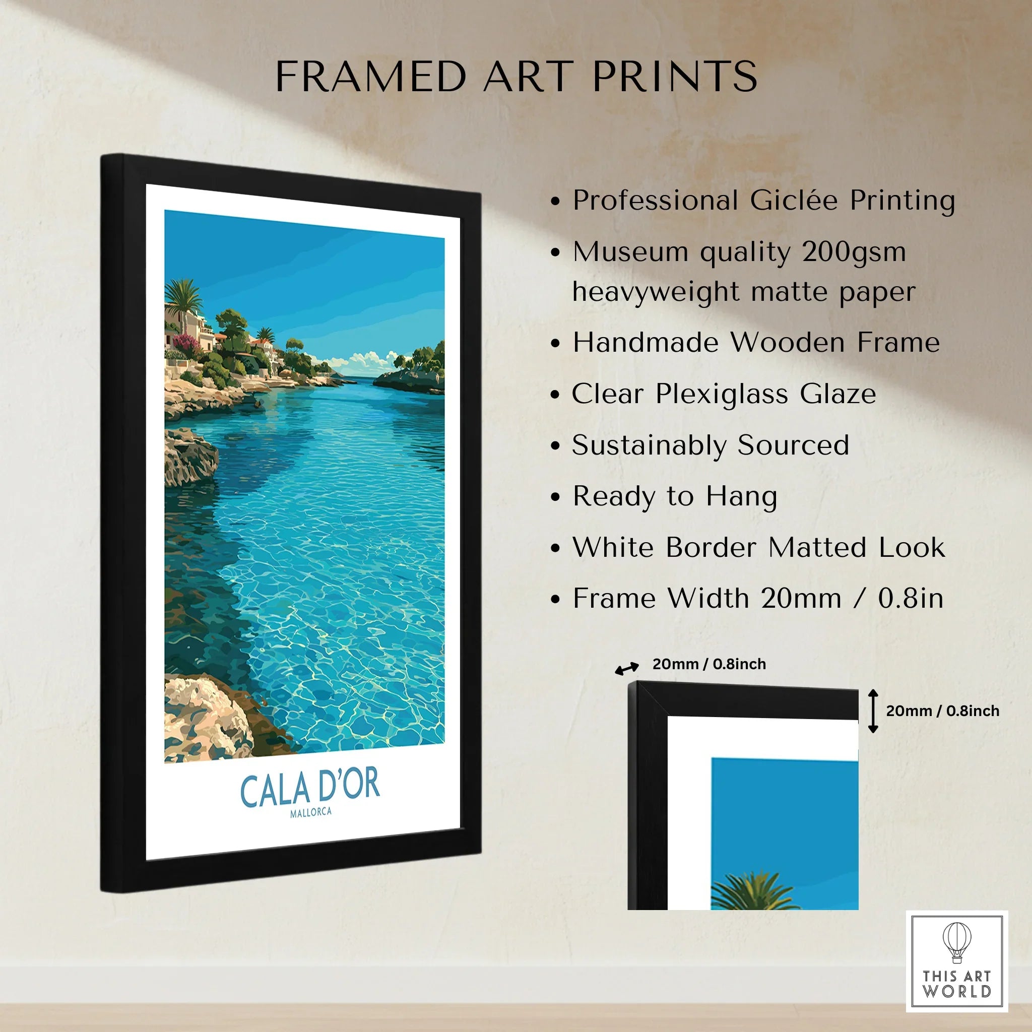 Cala d'Or Mallorca Bay Wall Art — framed print details measurements quality details
