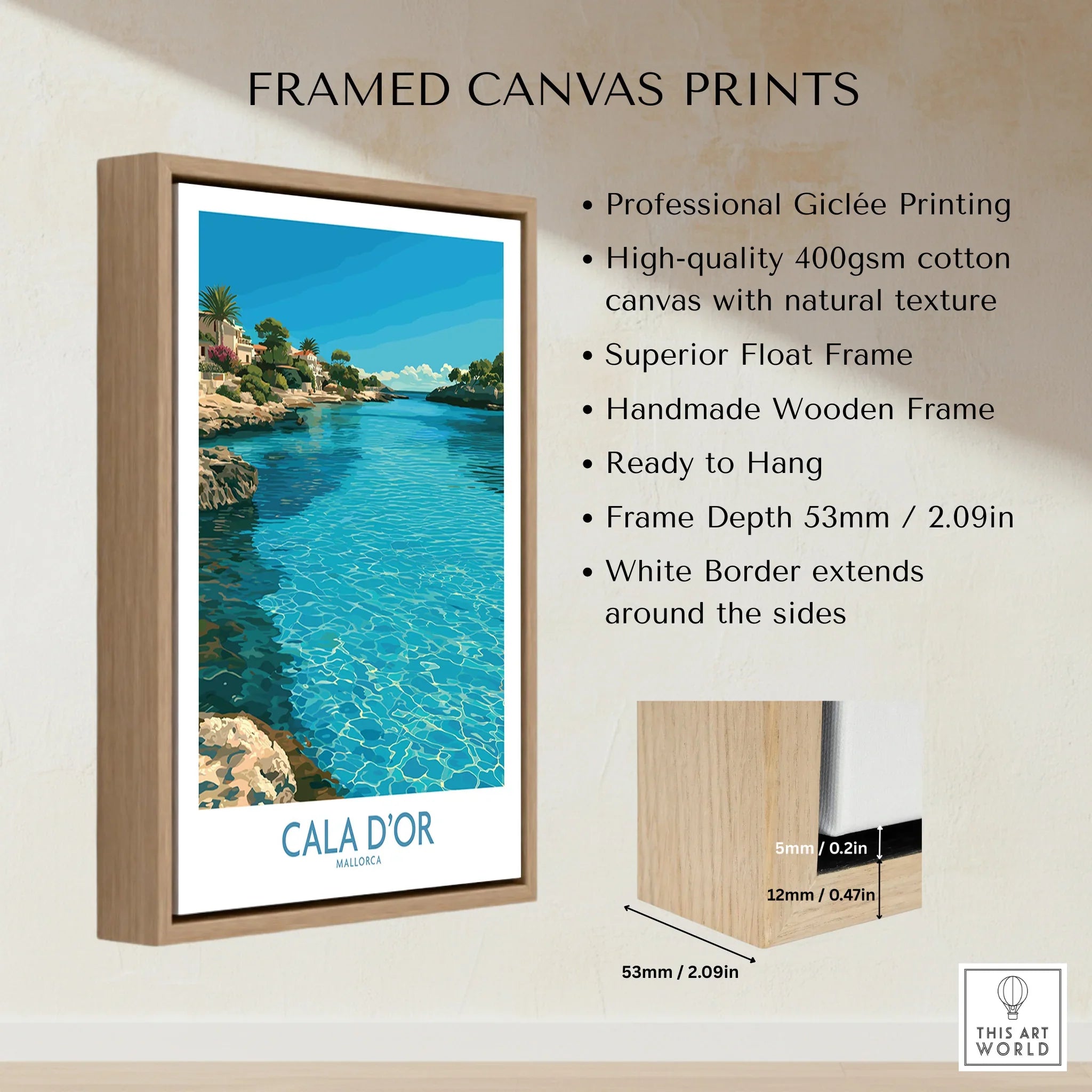 Cala d'Or Mallorca Bay Wall Art — framed canvas float frame details quality