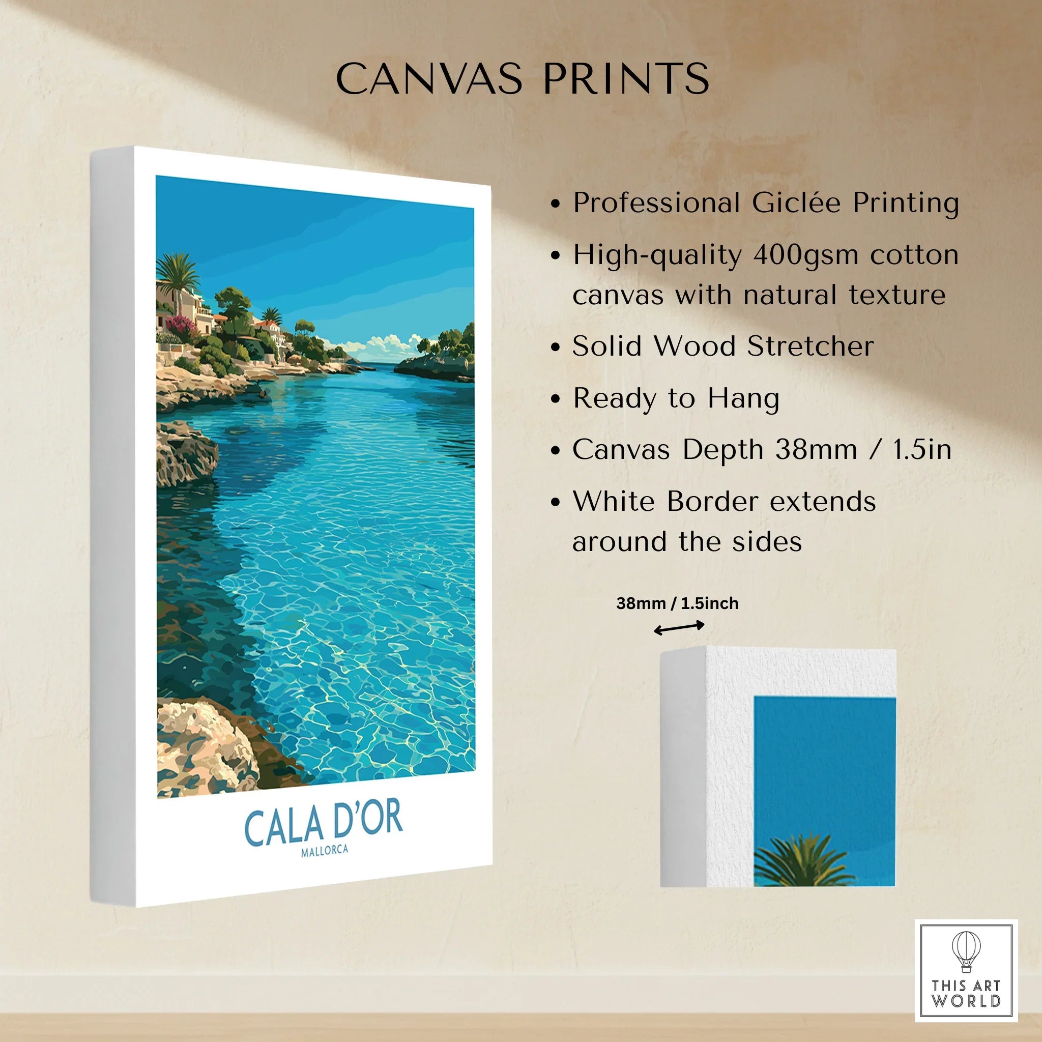 Cala d'Or Mallorca Bay Wall Art — canvas print stretched cotton canvas details