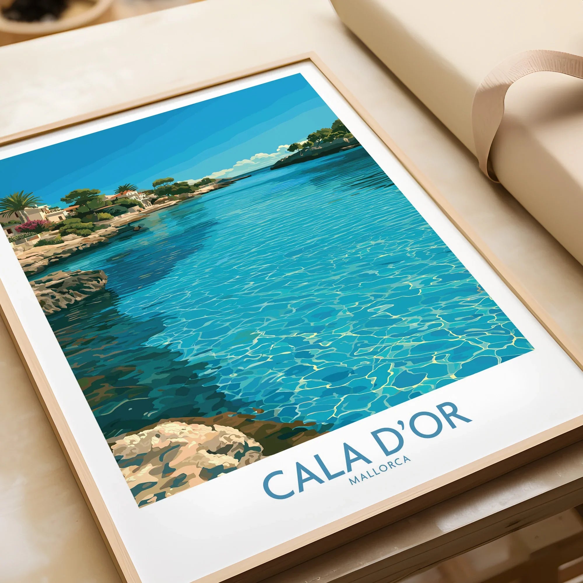 Cala d'Or Mallorca Bay Wall Art — framed art print closeup gift unwrapped natural frame