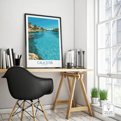 Cala d'Or Mallorca Bay Wall Art — framed poster black frame on office desk modern