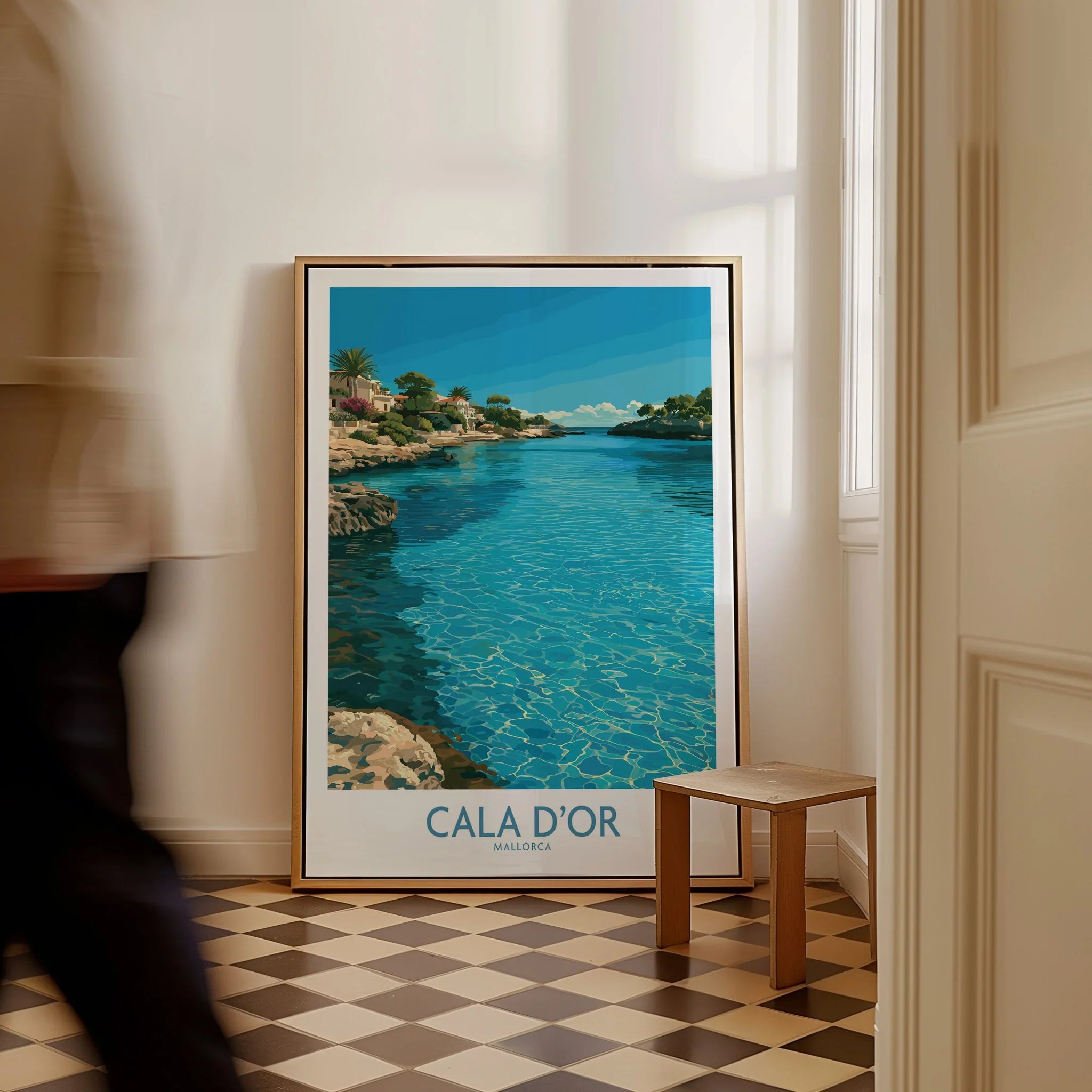 Cala d'Or Mallorca Bay Wall Art — framed canvas on floor man walking past