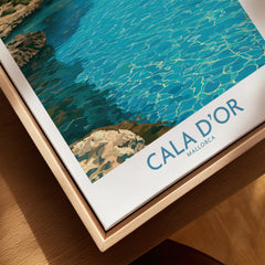 Cala d'Or Mallorca Bay Wall Art — closeup framed canvas natural wood floating frame