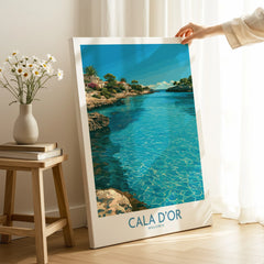Cala d'Or Mallorca Bay Wall Art — canvas print mirror edge hand holding room setting