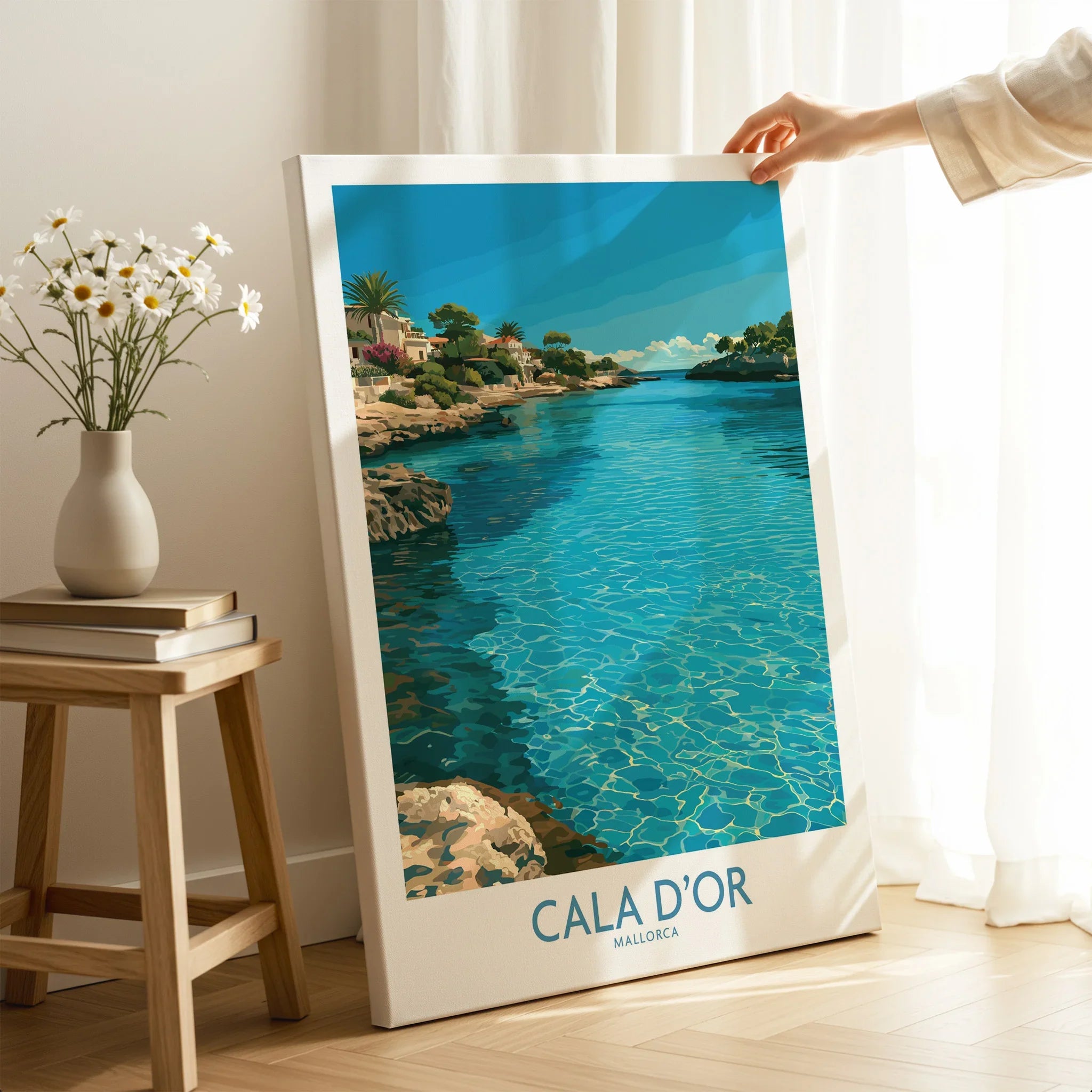 Cala d'Or Mallorca Bay Wall Art — canvas print mirror edge hand holding room setting