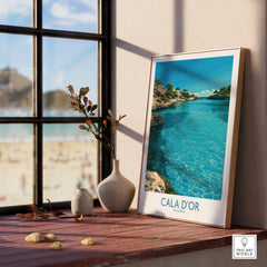 Cala d'Or Mallorca Bay Wall Art — framed print window view natural wood frame