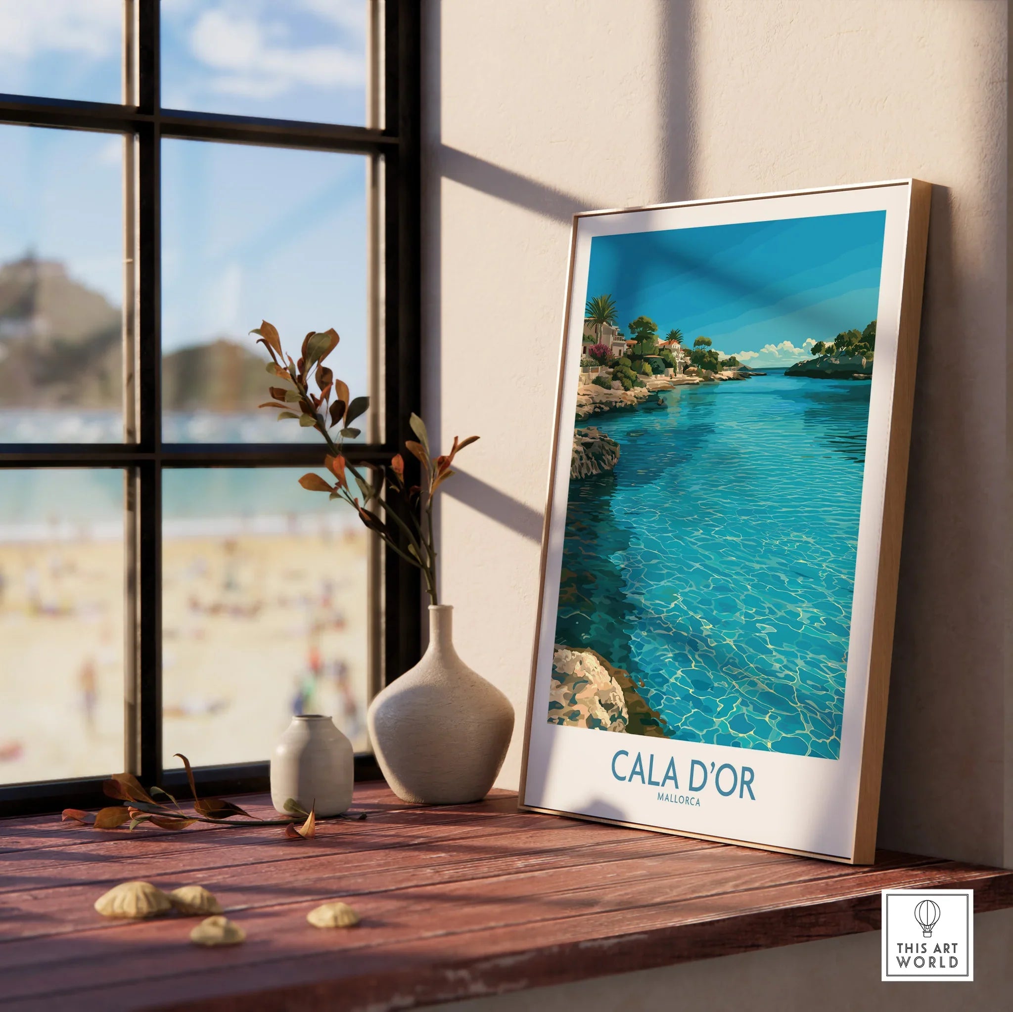 Cala d'Or Mallorca Bay Wall Art — framed print window view natural wood frame