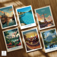 Cala d'Or Mallorca Bay Wall Art — set six framed art prints wooden floor natural wood frames