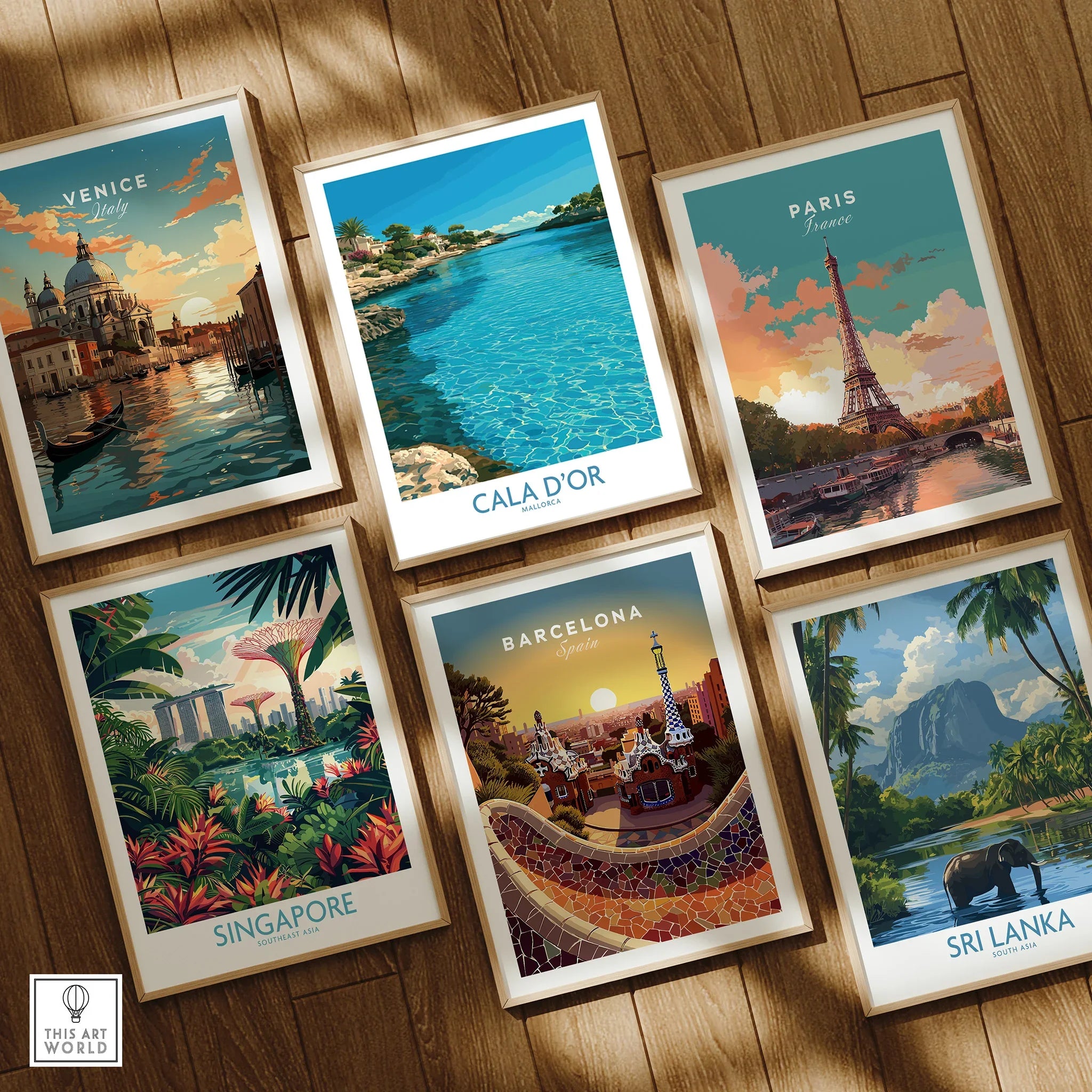 Cala d'Or Mallorca Bay Wall Art — set six framed art prints wooden floor natural wood frames