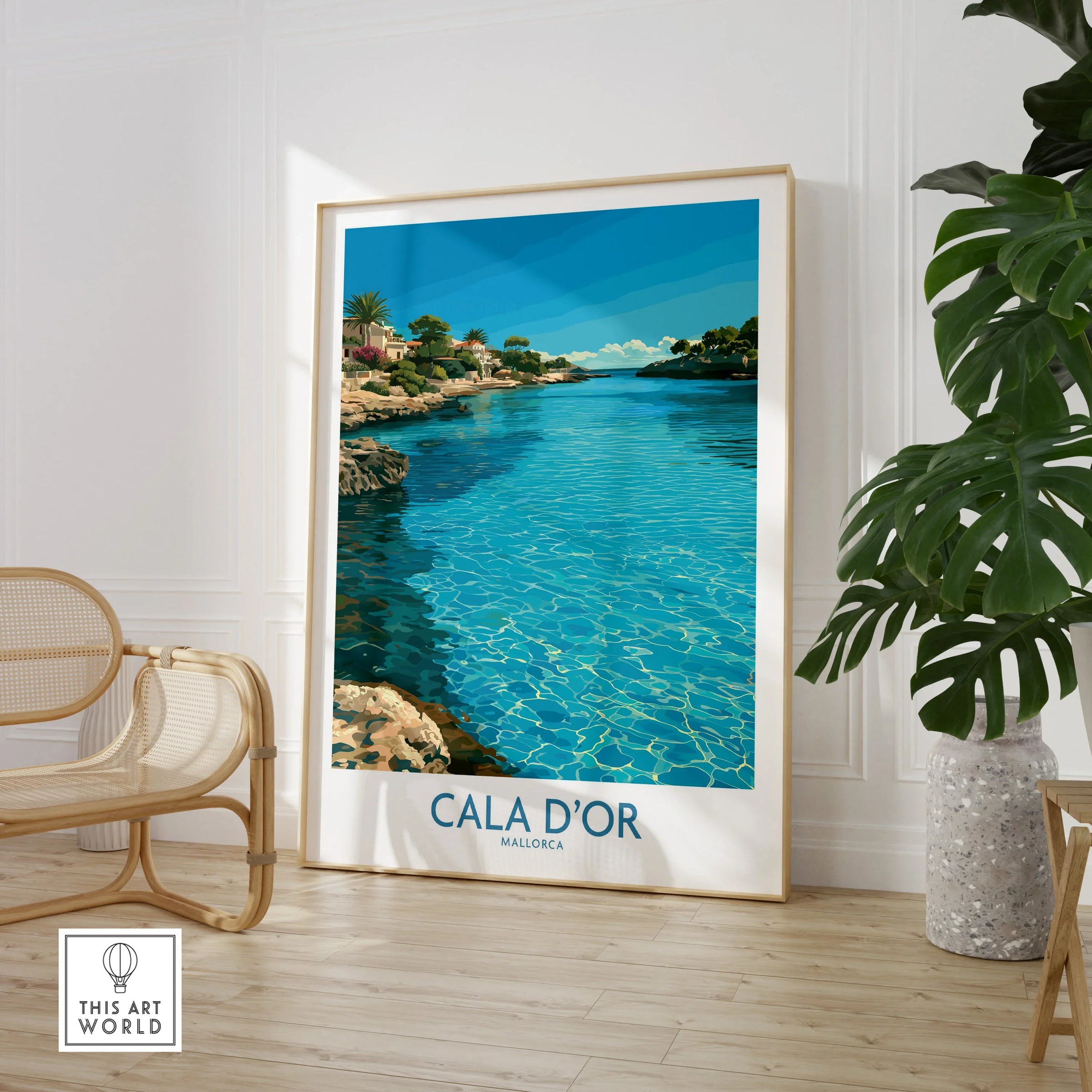 Cala d'Or Mallorca Bay Wall Art — large framed print room setting chair plant