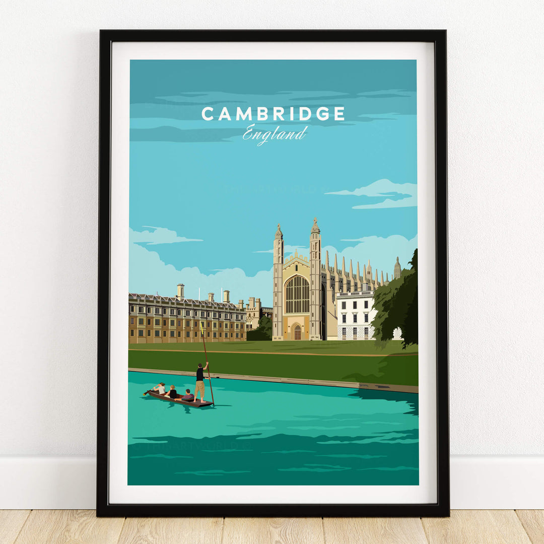 Cambridge Poster Print Wall Art | Vintage featuring iconic Cambridge architecture and scenic river view.