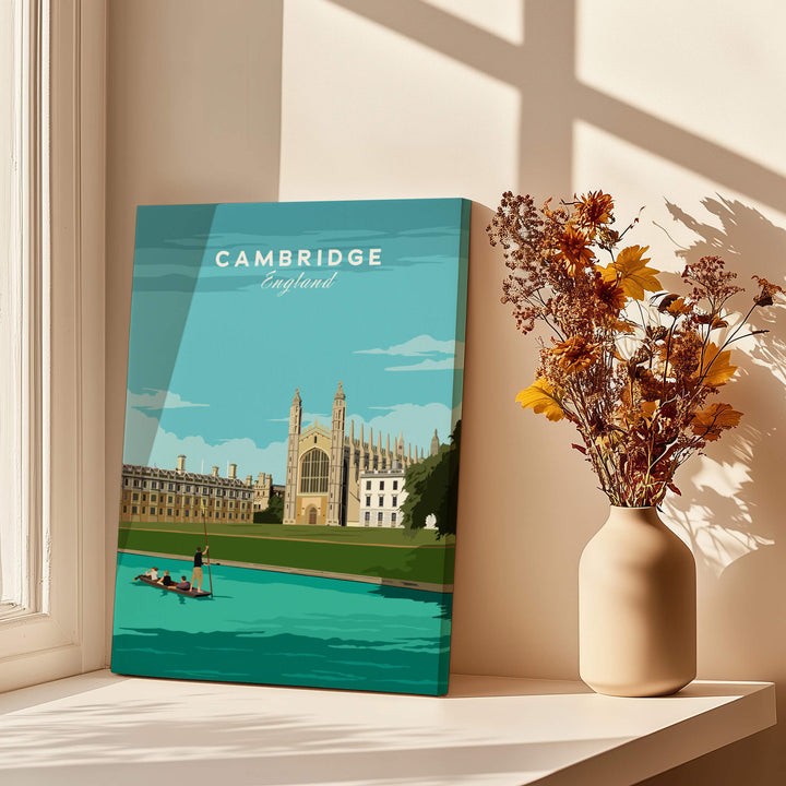 Cambridge Poster Print Wall Art | Vintage featuring scenic view of Cambridge, England beside a vase of flowers.